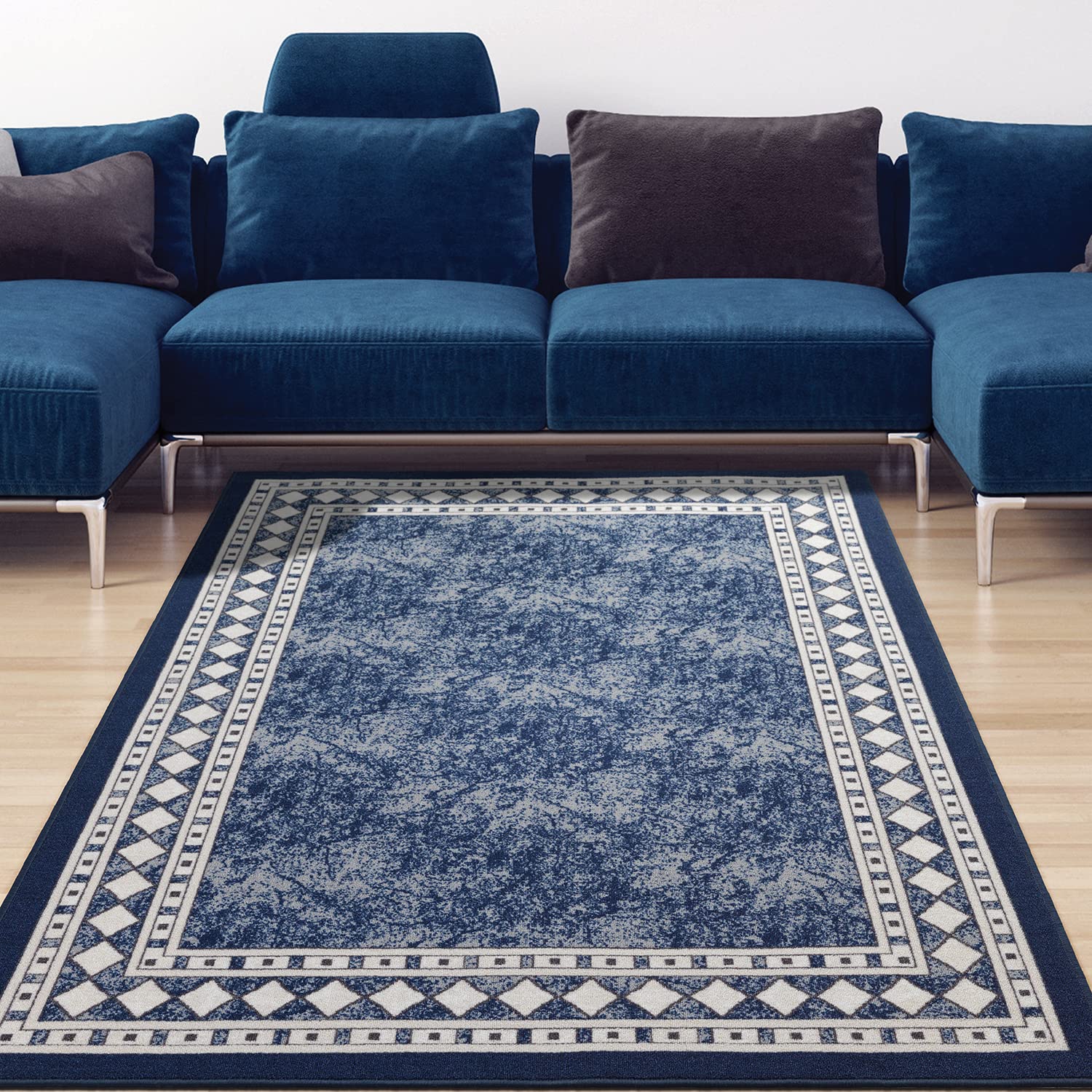 Antep Rugs Alfombras Modern Bordered 8x10 Non-Skid (Non-Slip) Low Profile Pile Rubber Backing Indoor Area Rugs (Navy Blue, 710 