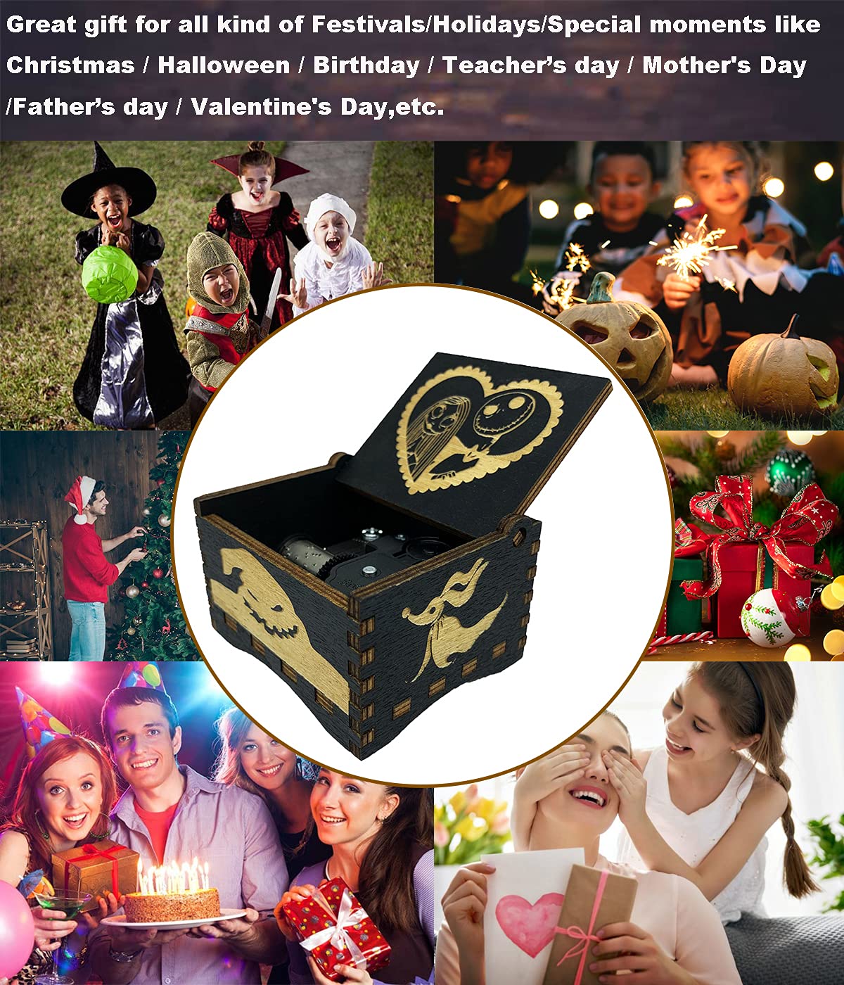 Music Box Halloween Christmas Painted Wind Up Musical Box Clockwork Laser Engraved Wood Musical Gifts for Fans (Image3-Windup)