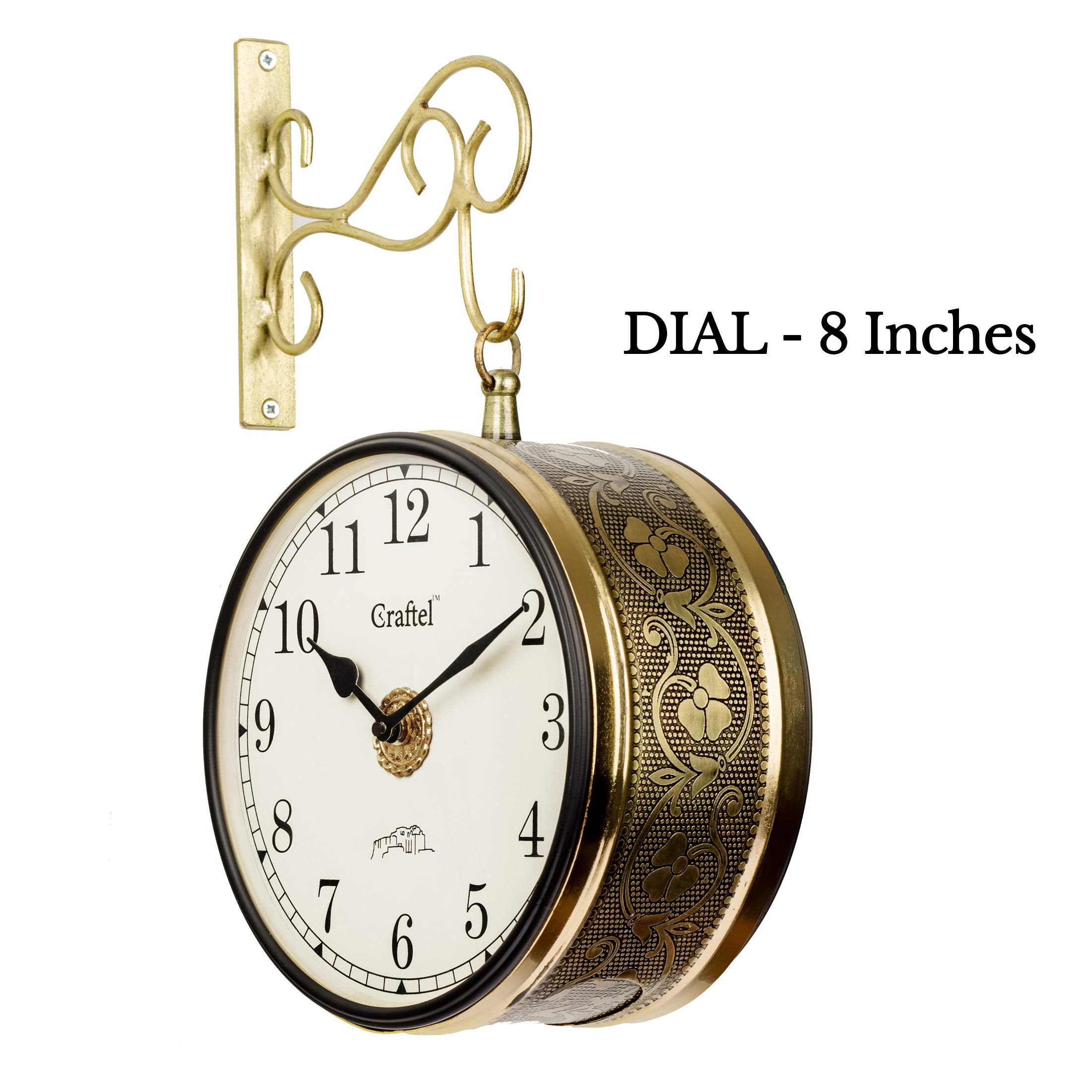 CRAFTEL Metal Analog Double Sided Vintage English Roman Station Wall Clock with Brass in dial (Shiny Gold_8 Inches)