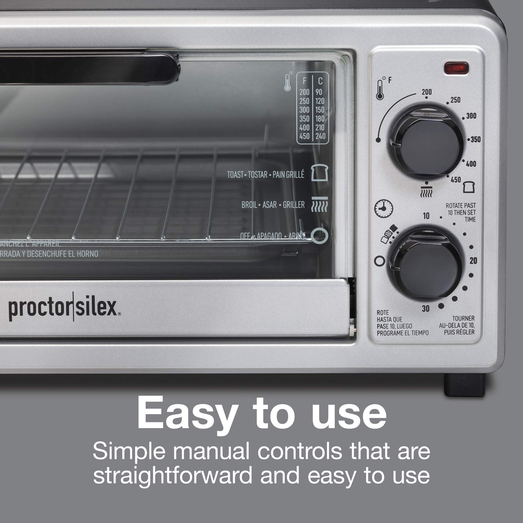 Proctor Silex 4 Slice Toaster Oven, Multi-Function, 1100 Watts, 30 Min Timer, Auto-Shutoff, Black and Silver, Model 31260