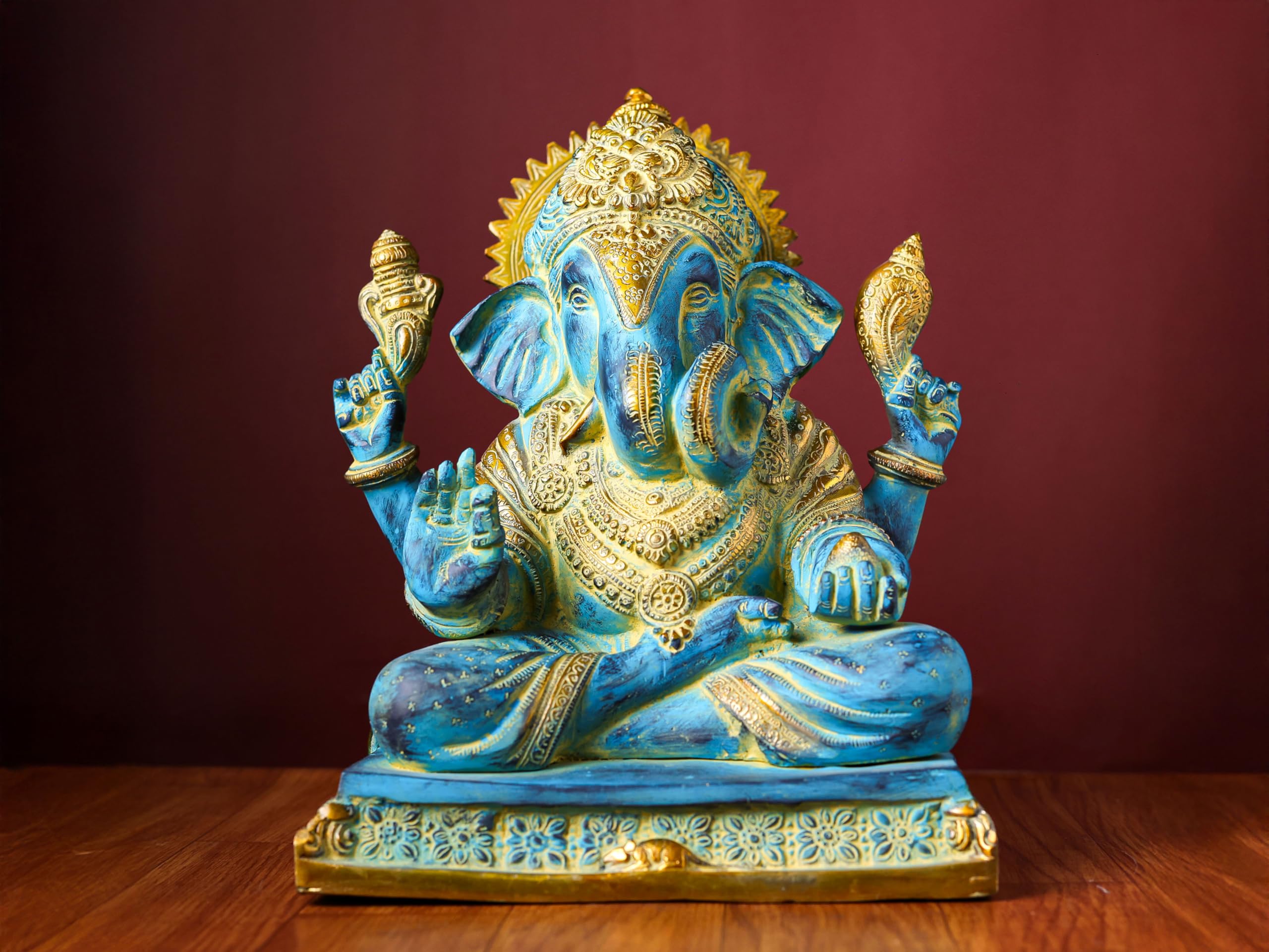 Brass Ganesha Statue With Mosaic, 29 Cm Brass Blue Golden Finish Ganesh Statue, Ganpati Idol, Good Luck Gift For New Beginnings,