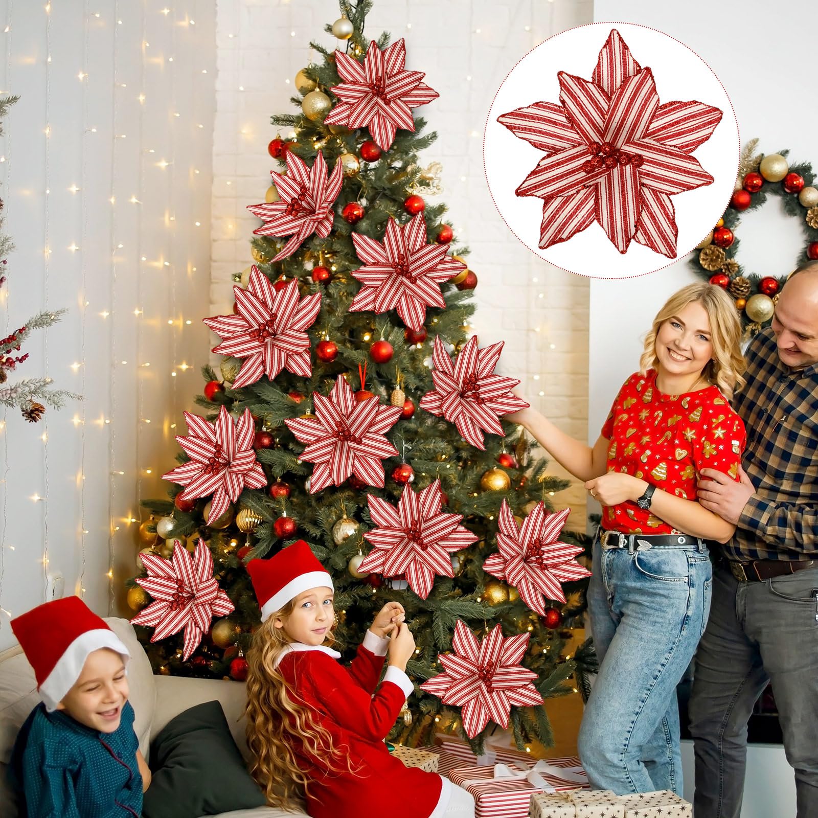 Soulchen 12 Pcs 12 Red and White Christmas Poinsettia Candy Cane Poinsettia Christmas Tree Ornaments Peppermint Flower Tree wi