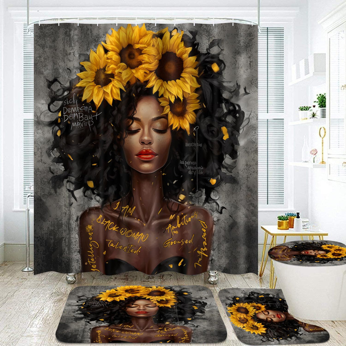 Omebero Black King Bathroom Shower Curtain Sets, Colorful Inspirational Quote Shower Curtains With Rugs Toilet Lid Cover Bath Ma