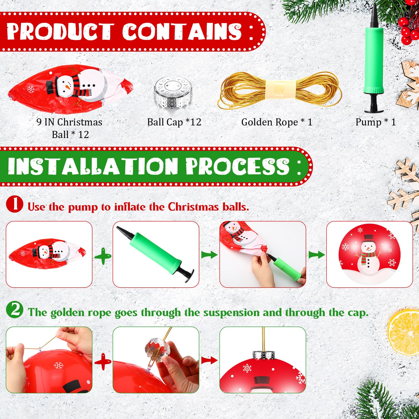 Jetec 12 Pcs Christmas Inflatable Balls 9 Inch Large Christmas Outdoor Ornaments Xmas Hanging Decorations for Winter Holiday Out