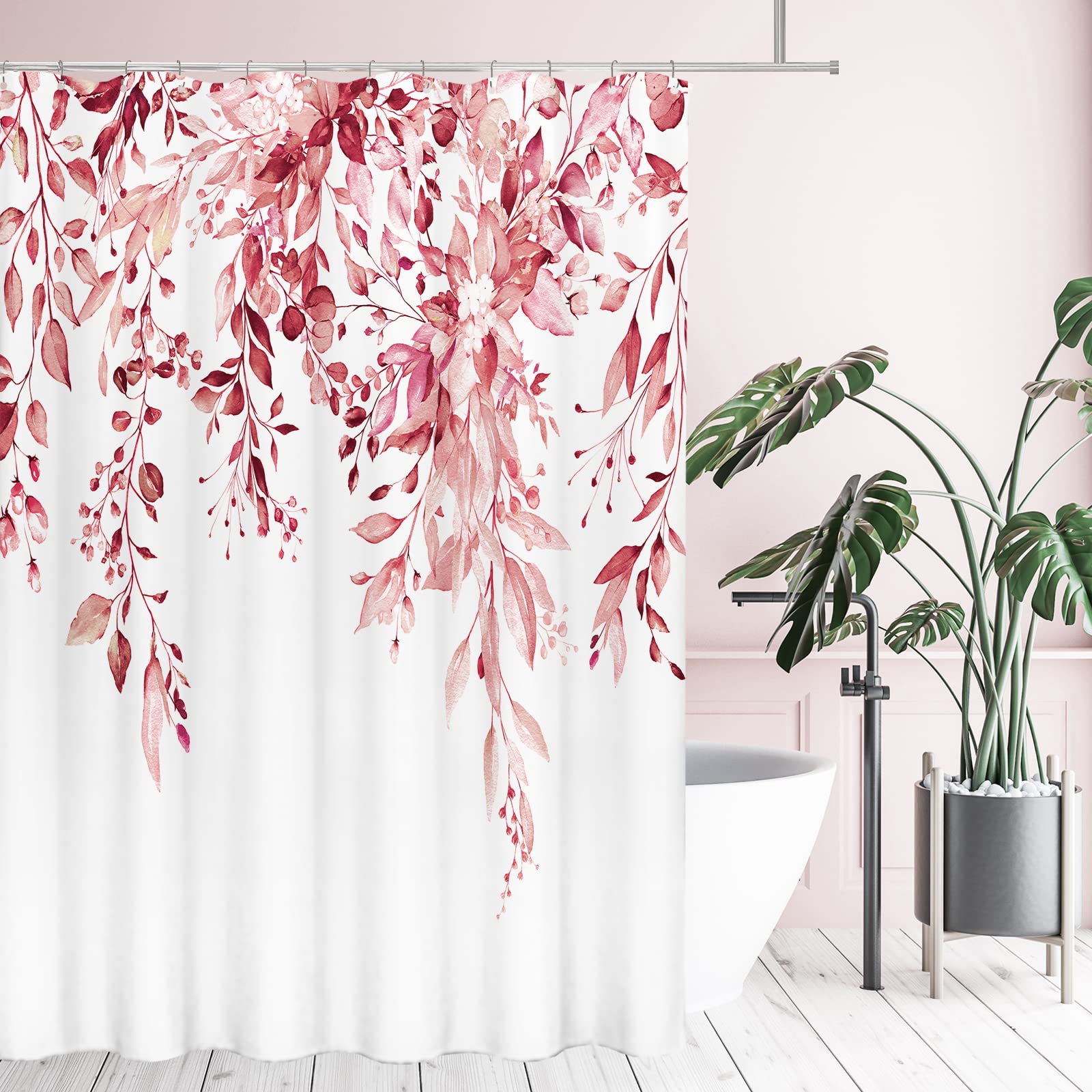 Tititex Pink Eucalyptus Shower Curtain Sets, Watercolor Blush Leaves On The Top Plant With Floral Bathroom Decoration 60X72 Inch