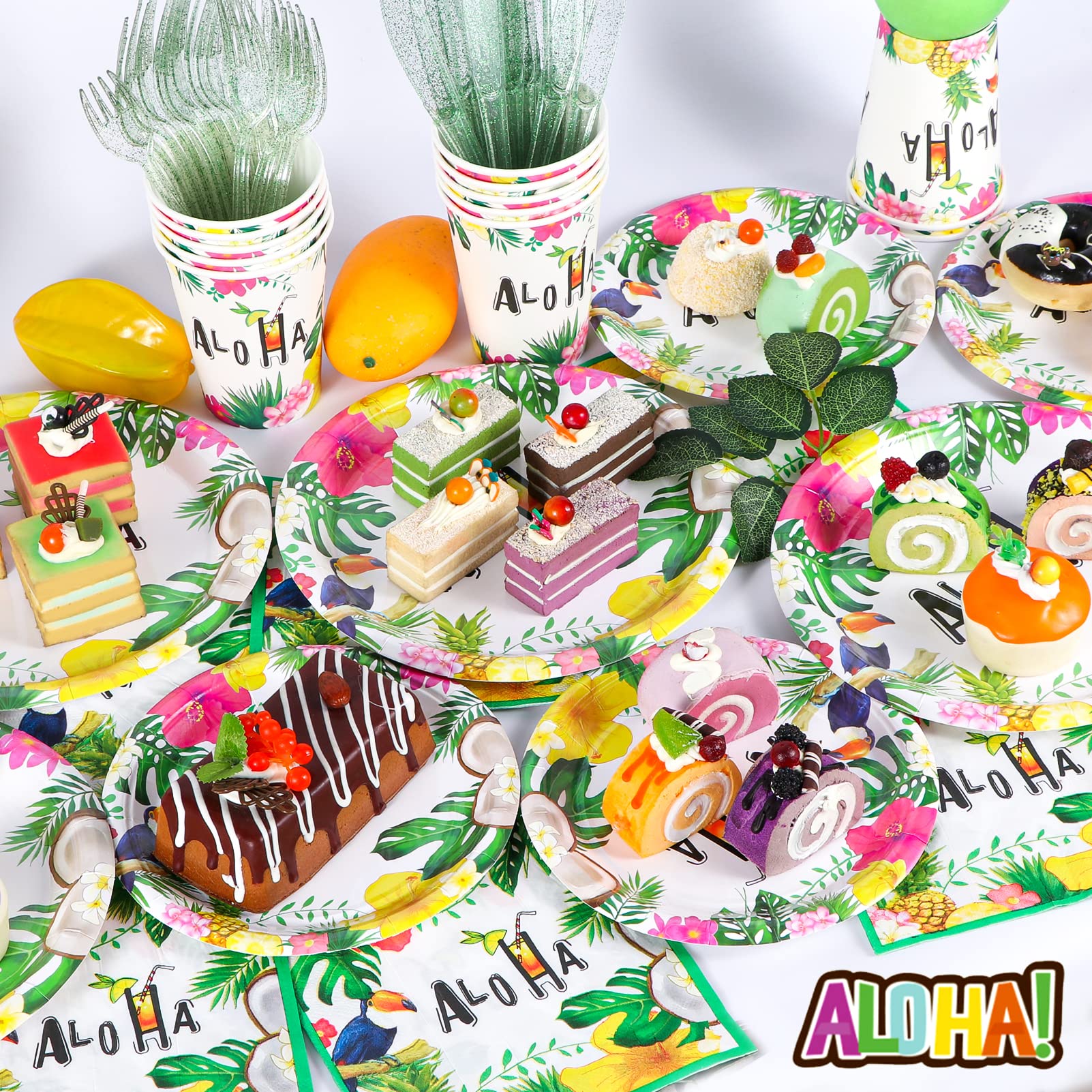 Atonofun Hawaiian Luau Party Supplies  Disposable Hawaiian Plates and Napkins Set  Aloha Party Plates and Cups  Napkins and Cutlery for Hawaiian Luau Birthday Party Decorations Serves 24