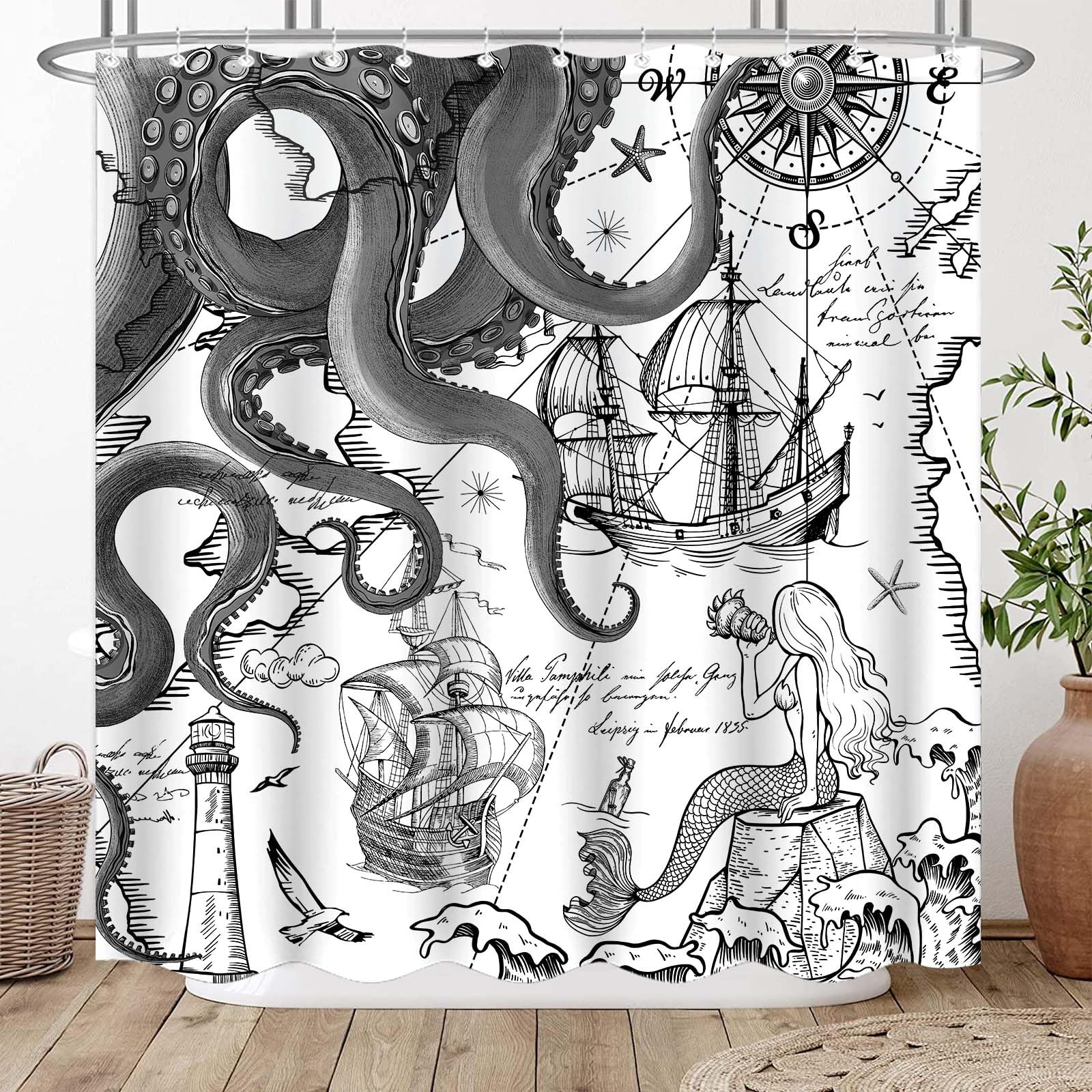 Fungarth Black Gray Nautical Octopus Shower Curtain Grey Mermaid Funny Ocean Kraken Shower Curtains For Bathroom Cool Anchor Coa