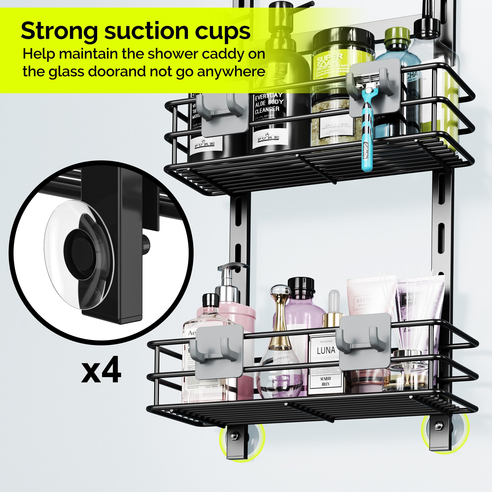 Orimade Over The Door Shower Caddy Adjustable 3 Tier Black,Bathroom Hanging Organizer Shelf Rustproof With 4 Hooks,Shower Basket