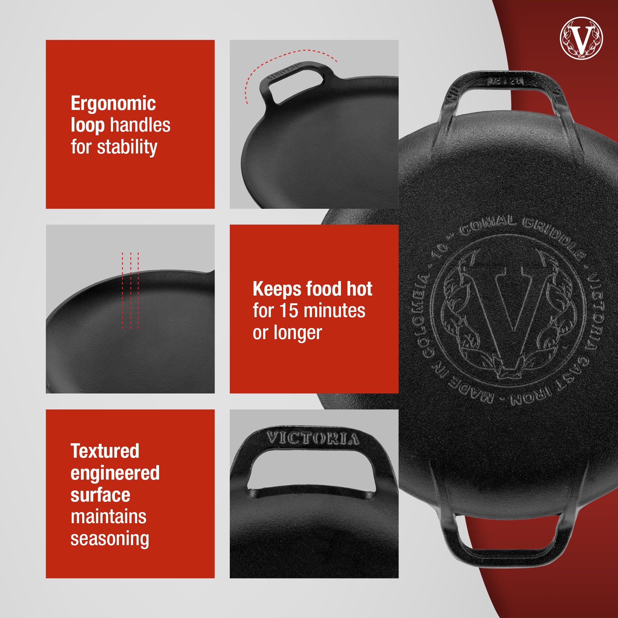 Victoria Cast Iron Comal Pizza Pan, 10-Inch, Preseasoned, Black, Model GDL-185, 2 Side Handles, Made in Colombia