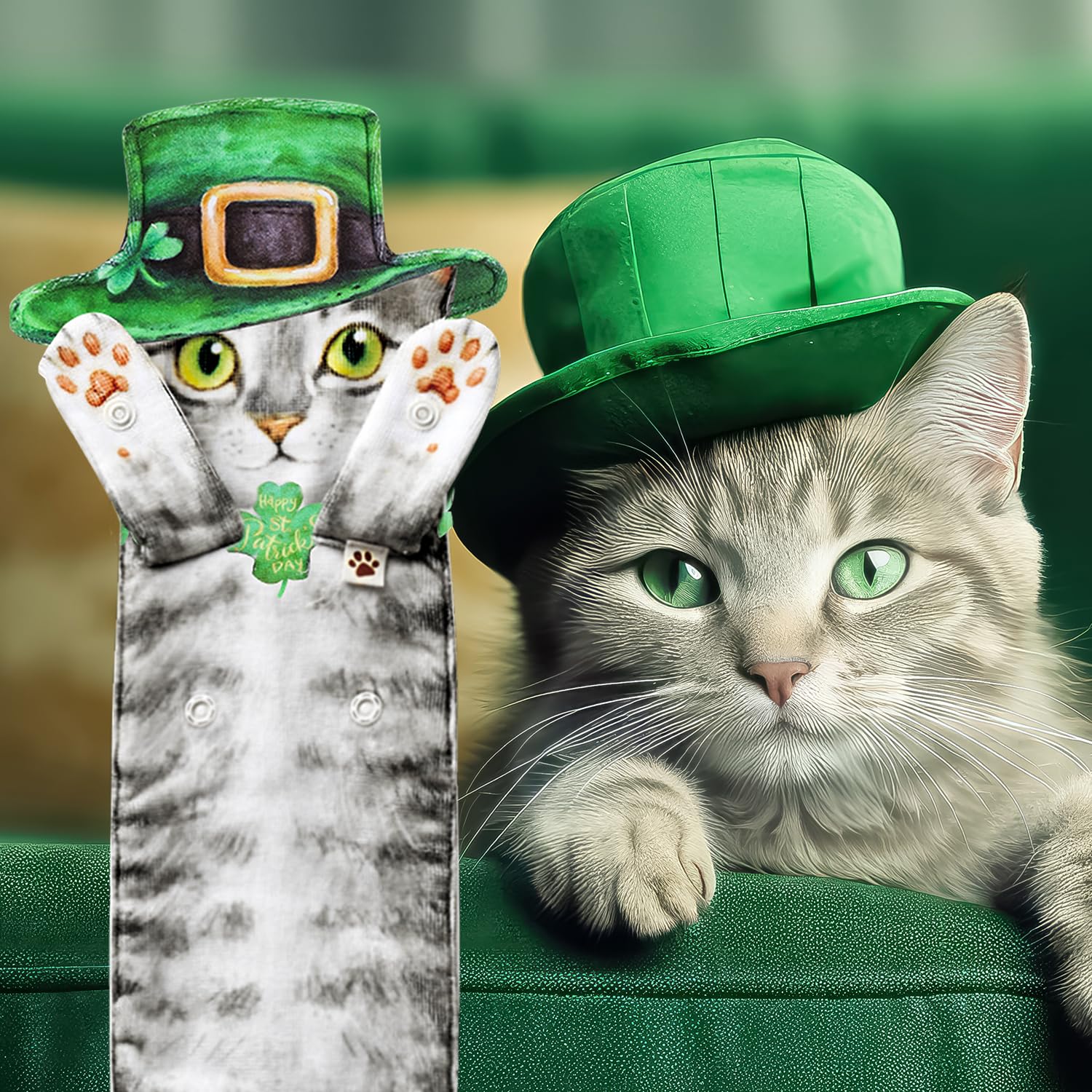 Funny St Patricks Day Cat Hand Towels For Bathroom Kitchen - Cute Green Shamrock Decorative Cat Decor Hanging Towels Super Absor