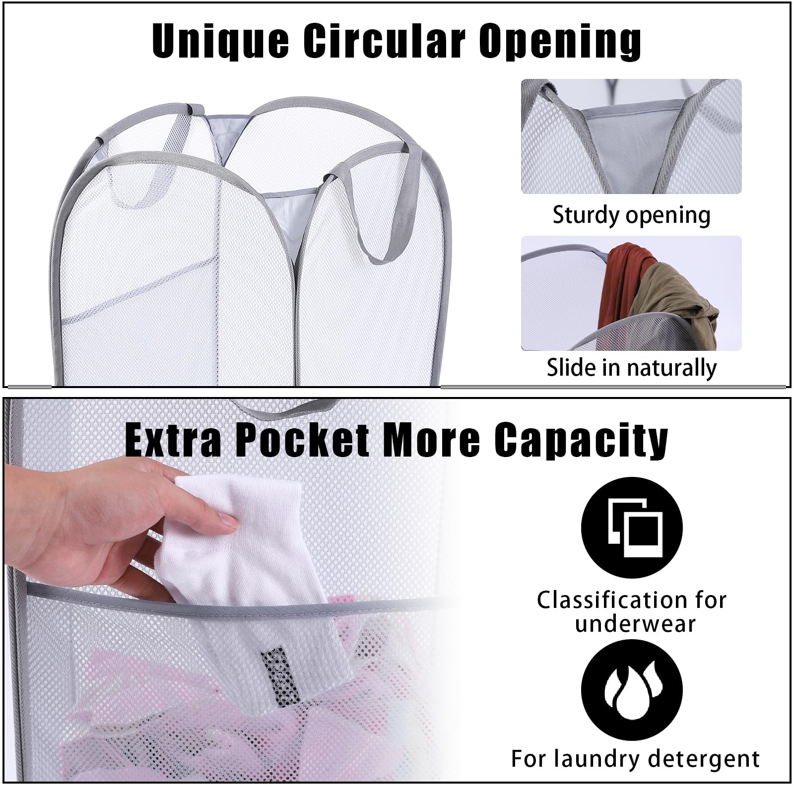 Kimmama Large Collapsible Mesh Laundry Basket,Foldable Pop Up Laundry Hamper With Side Pocket,Removable Clothes Storage Bin With