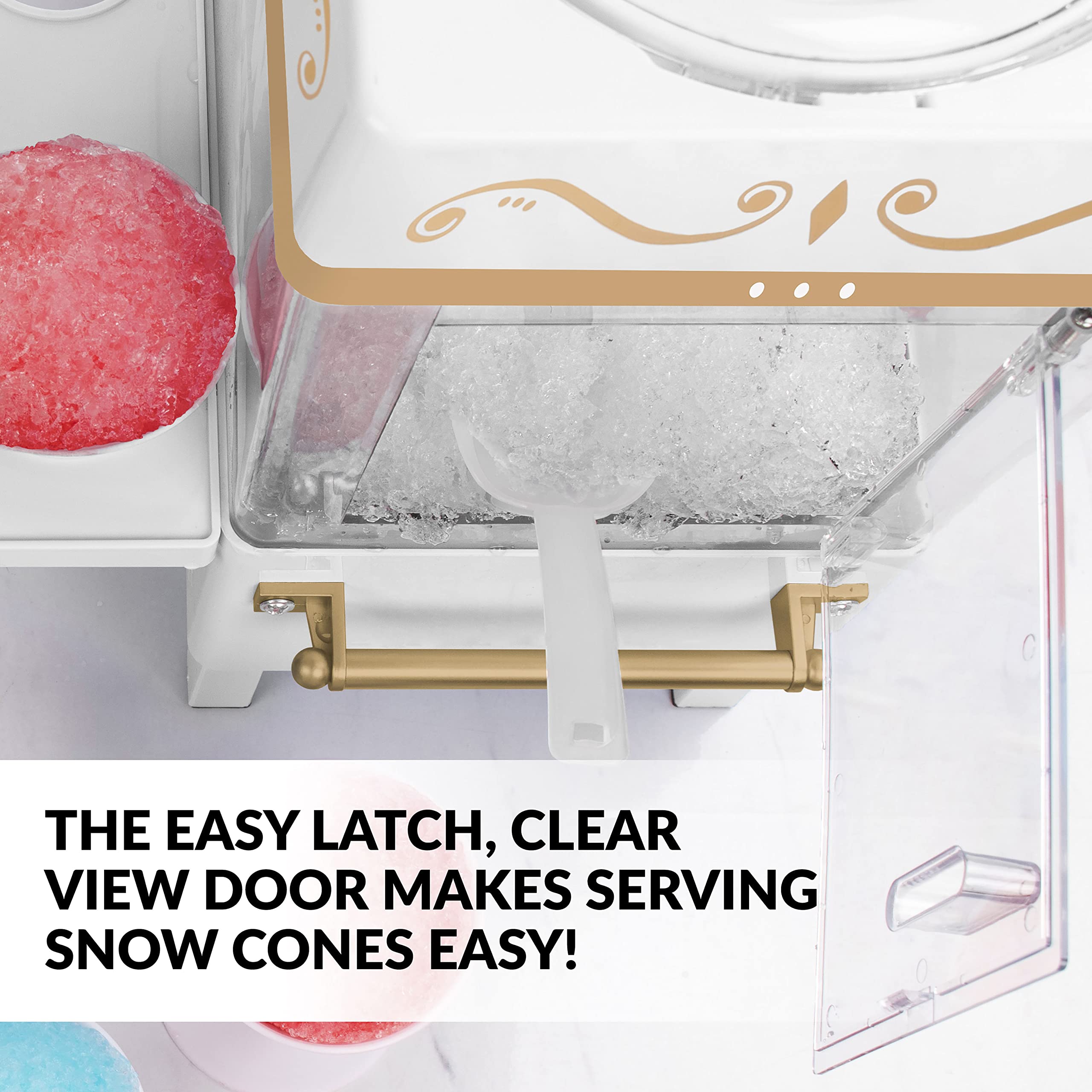 Nostalgia Vintage Countertop Snow Cone Machine - Slushie Machine - Shaved Ice Machine and Crushed Ice Maker - Makes 20 Icy Treats  Includes 2 Reusable Plastic Cups & Ice Scoop - White