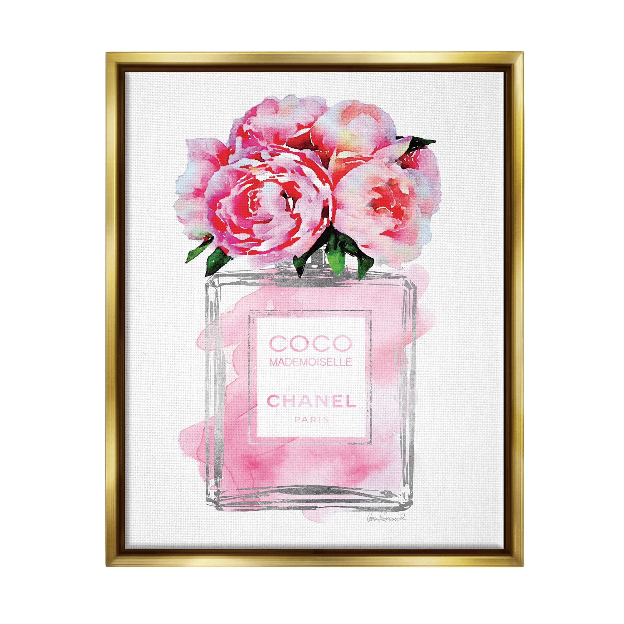 Stupell Industries Glam Perfume Bottle V2 Flower Silver Pink Peony, Design By Amanda Greenwood, Gold Floater Framed, 16 X 20