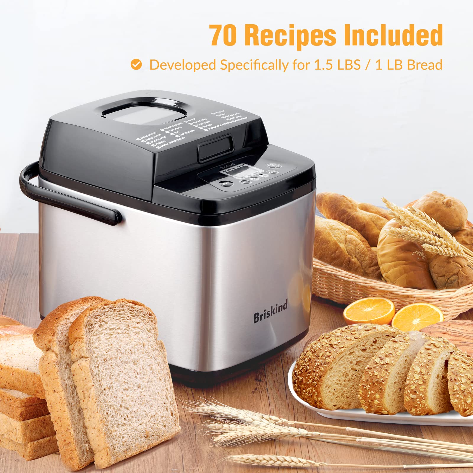 Briskind 19-in-1 Compact Bread Maker, 1.5 lb, Stainless Steel, Model BM8605, Gluten Free, Automatic Keep Warm, 3 Crust Colors