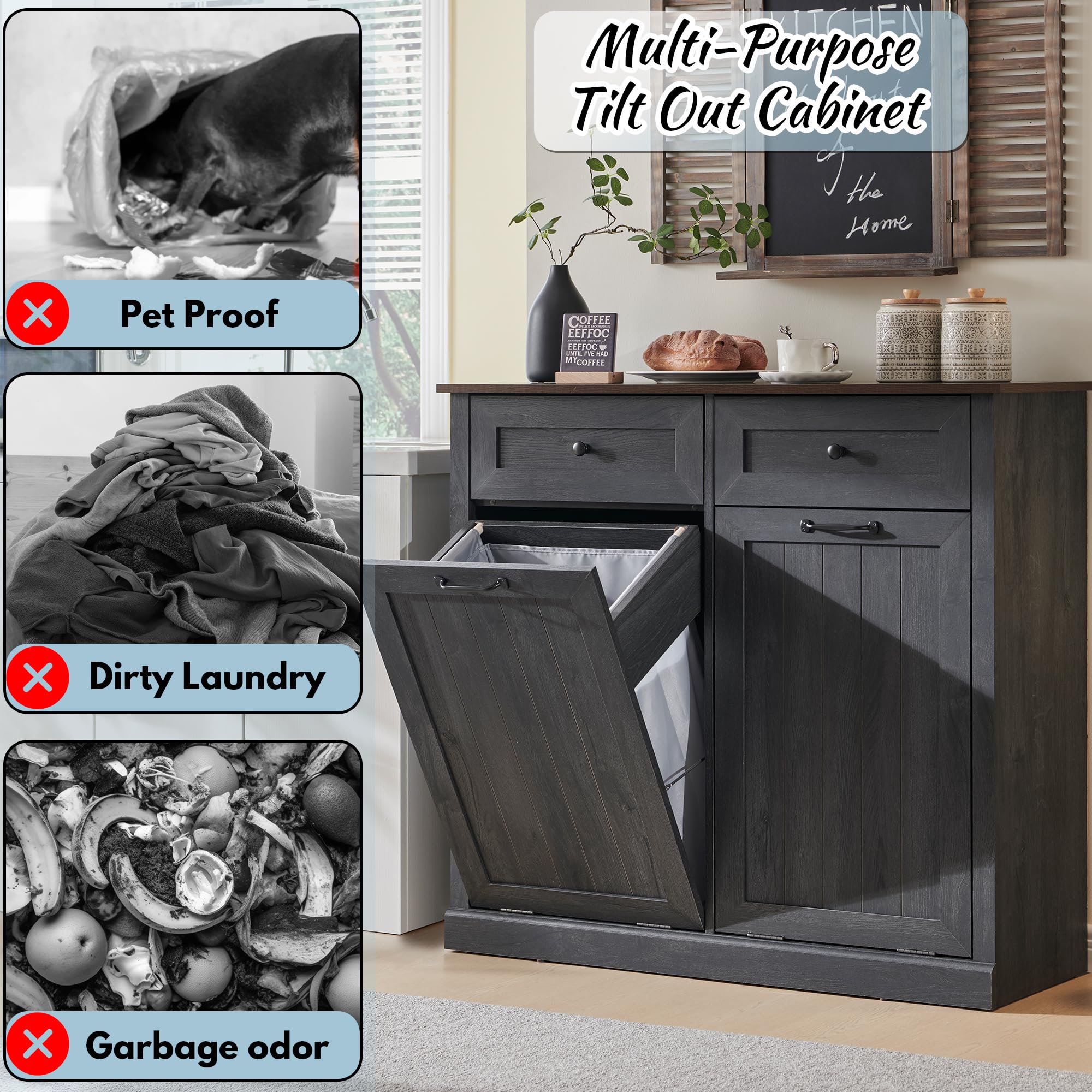 Ifbuy Double Tilt Out Laundry Hamper Cabinet, 20 Gallon Farmhouse Trash Can Cabinet With Drawer, Hidden Wood Garbage Can Bin Cab