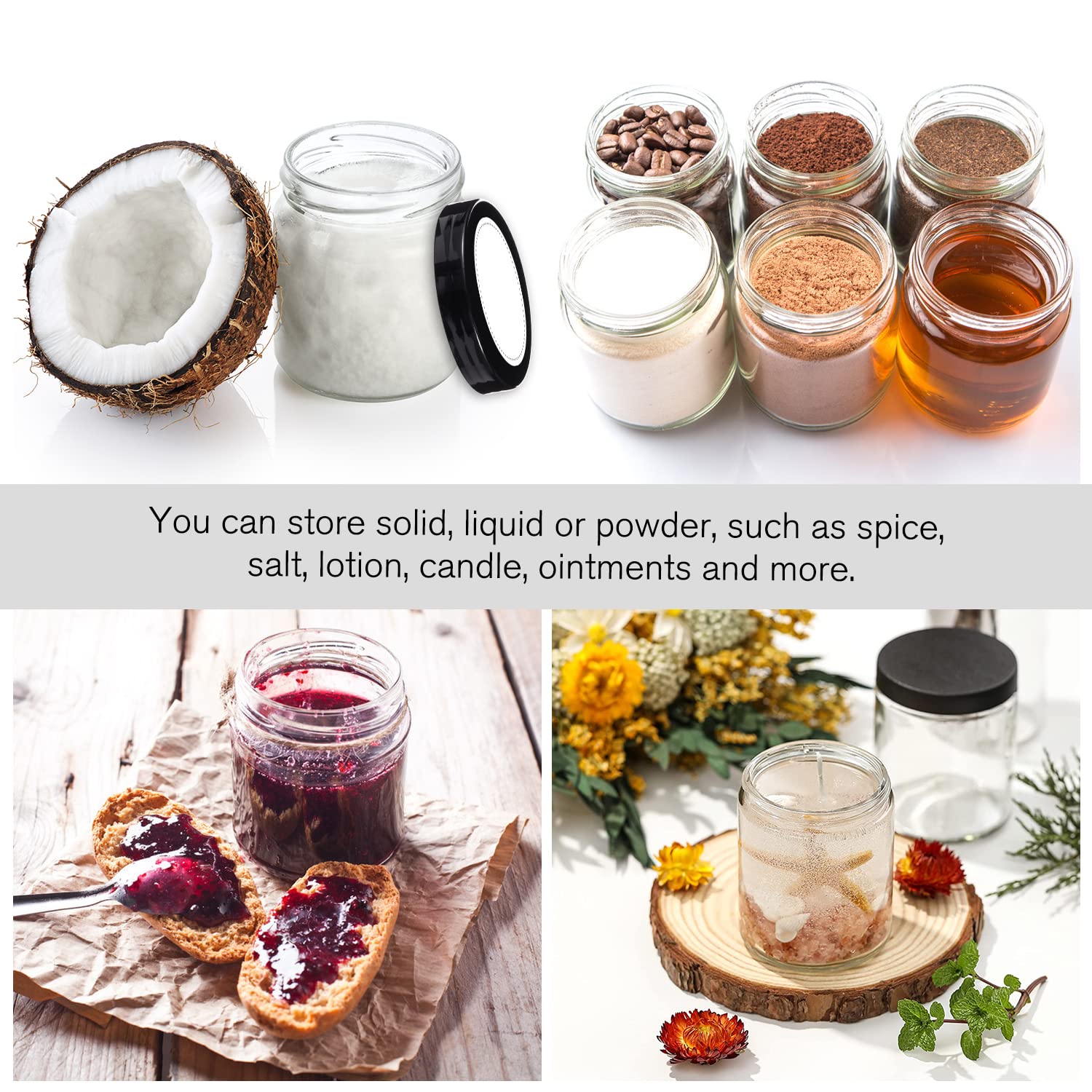 Small Glass Jars With Lids, 4 Oz Glass Containers With Plastic Woodgrain Lids & Inner Liners, Reusable Travel Cosmetic Container
