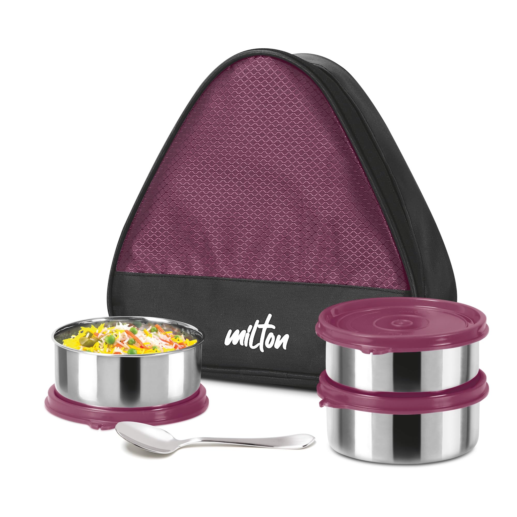Milton Trident Stainless Steel Lunch Box (3 Leak Proof Round Containers, 320 Ml Each, 1 Spoon) With Insulated Jacket, Maroon | T