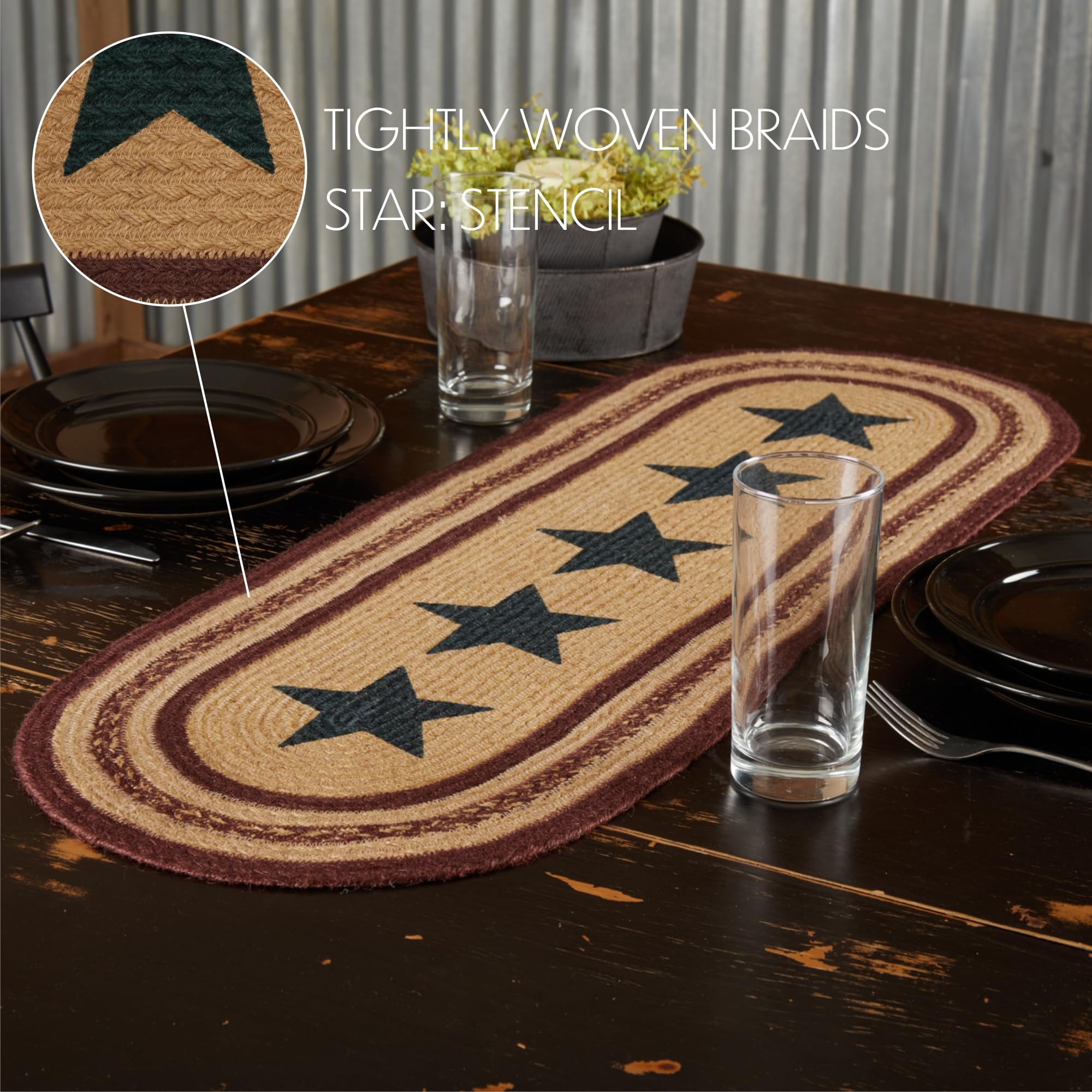 Vhc Brands Americana Primitive Potomac Stencil Stars Jute Runner, Burgundy, 13X36