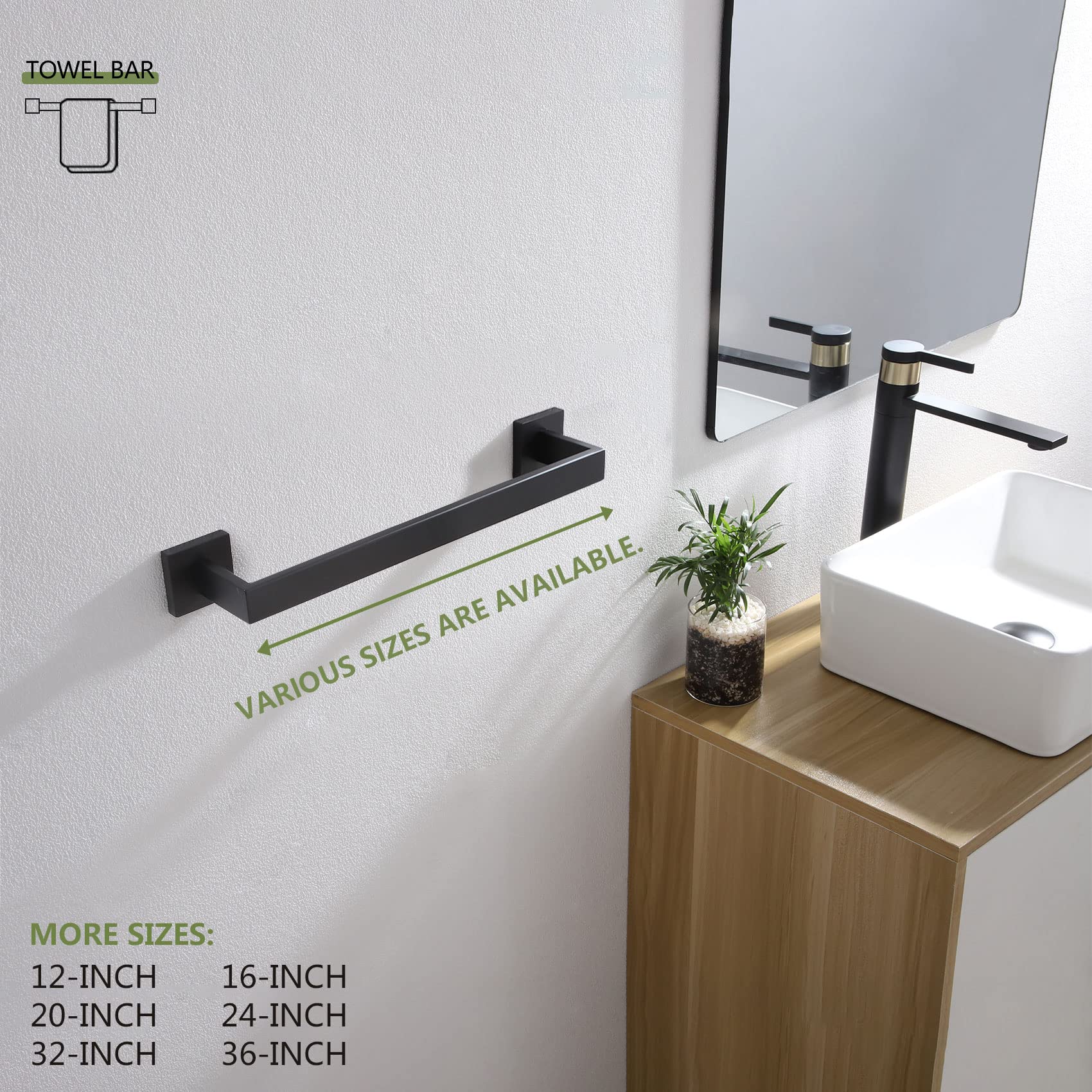 Kokosiri 16-Inch Single Towel Bar, Bathroom Kitchen Towel Holder, Wall Mounted Sus304 Stainless Steel Towel Rack, Matte Black, B