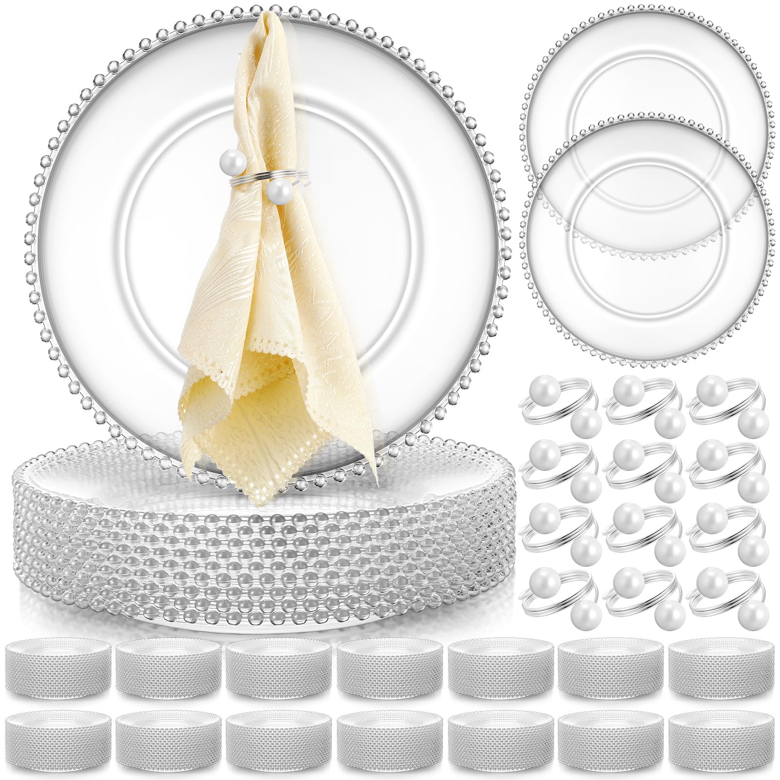 Tioncy 50 Set Clear Charger Plates Bulk Beaded Plastic Charger Plates 13 Inch, Napkin Rings, Acrylic Round Dinner Table Decorati