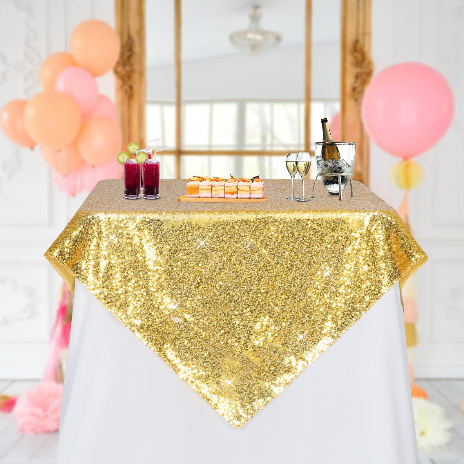 PartyDelight Gold Sequin Tablecloth 50X50 Square Sparkly Table Cloths for Wedding Party Decorations