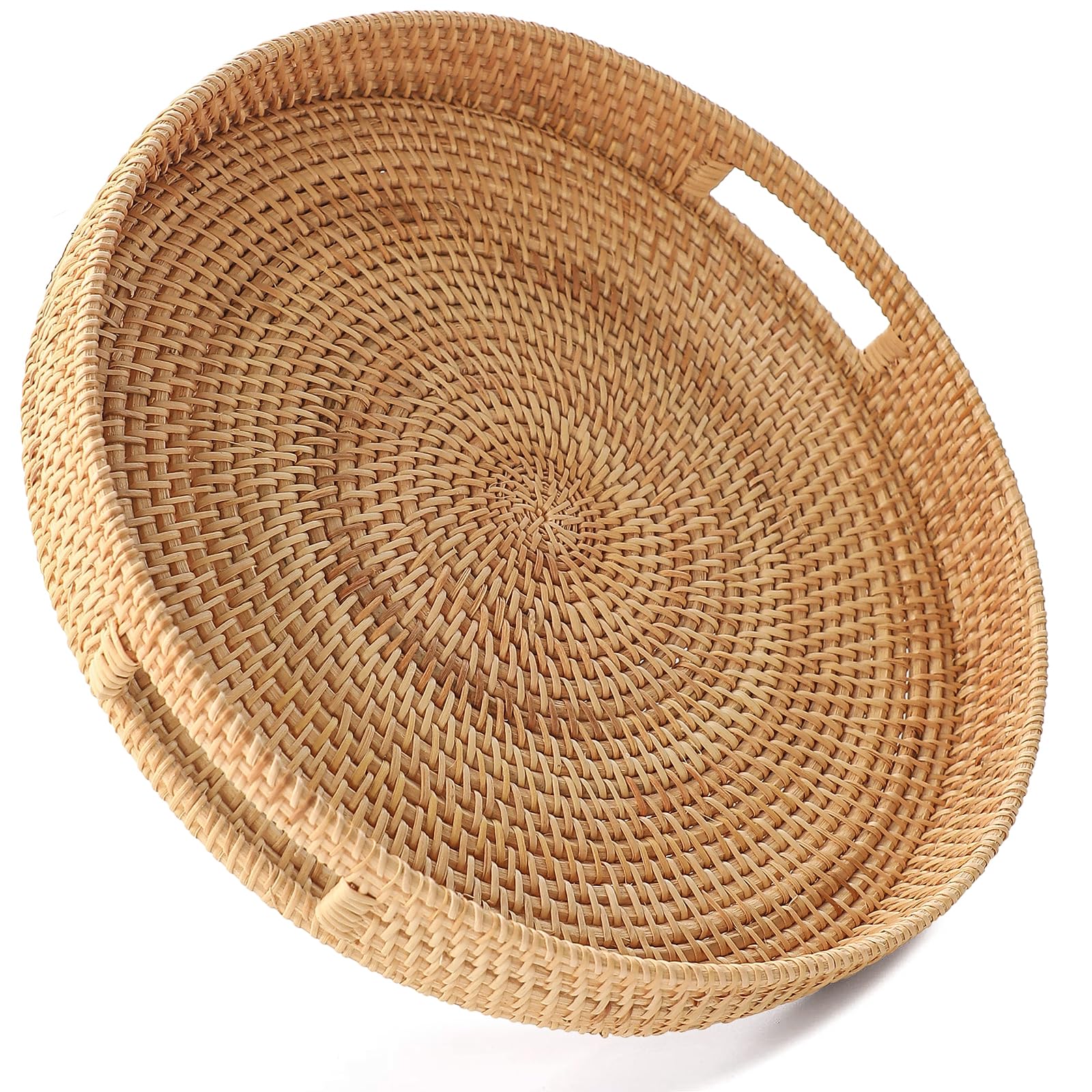 HITOMEN 14.2 Hand-Woven Round Rattan Serving Tray Decorative Ottoman Wicker Platter with Handles for Coffee Table, Breakfast, Dr