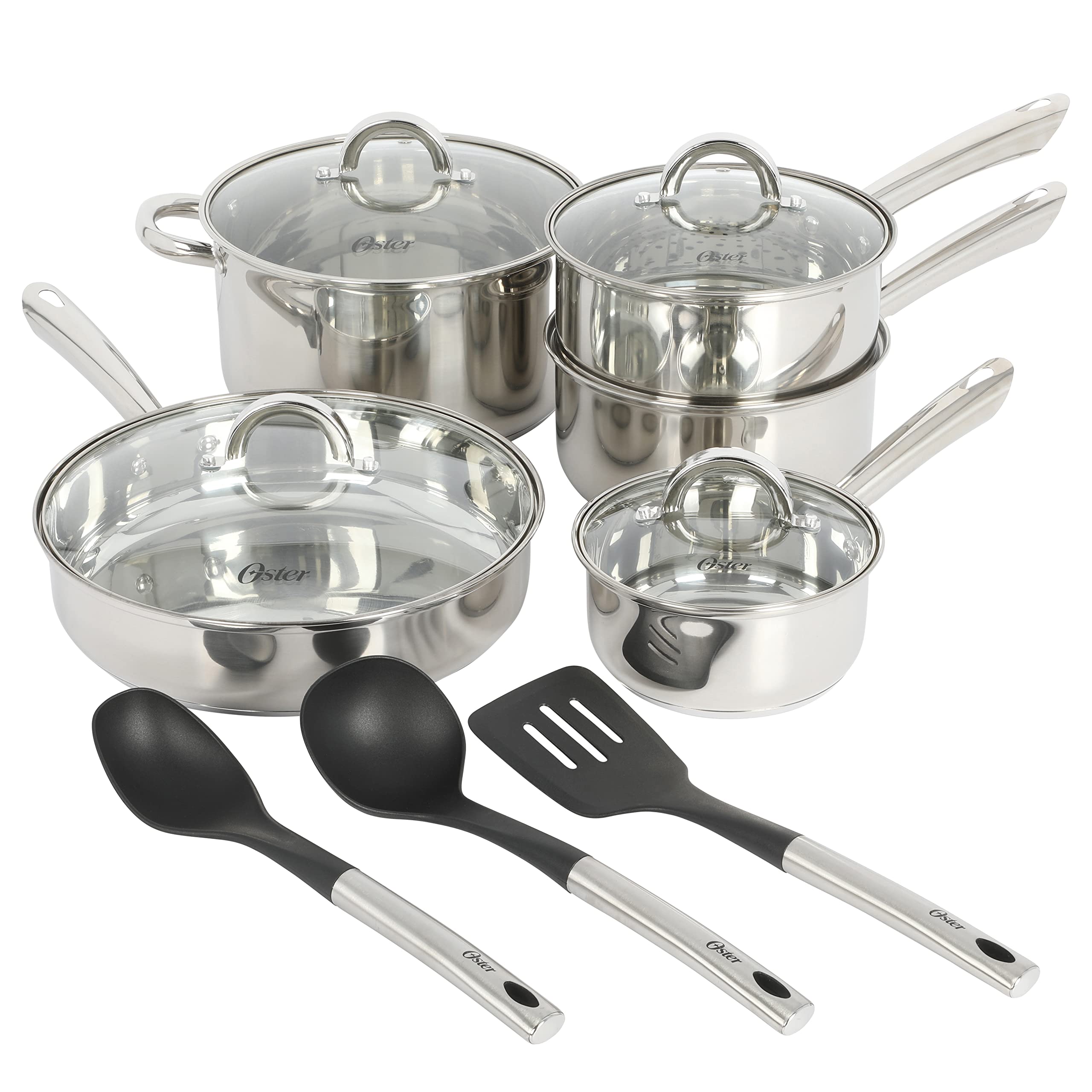 Oster Sangerfield 12-Piece Stainless Steel Cookware Set With Kitchen Tools, Non-Stick Pots and Pans, Durable Oven Safe Cookware 