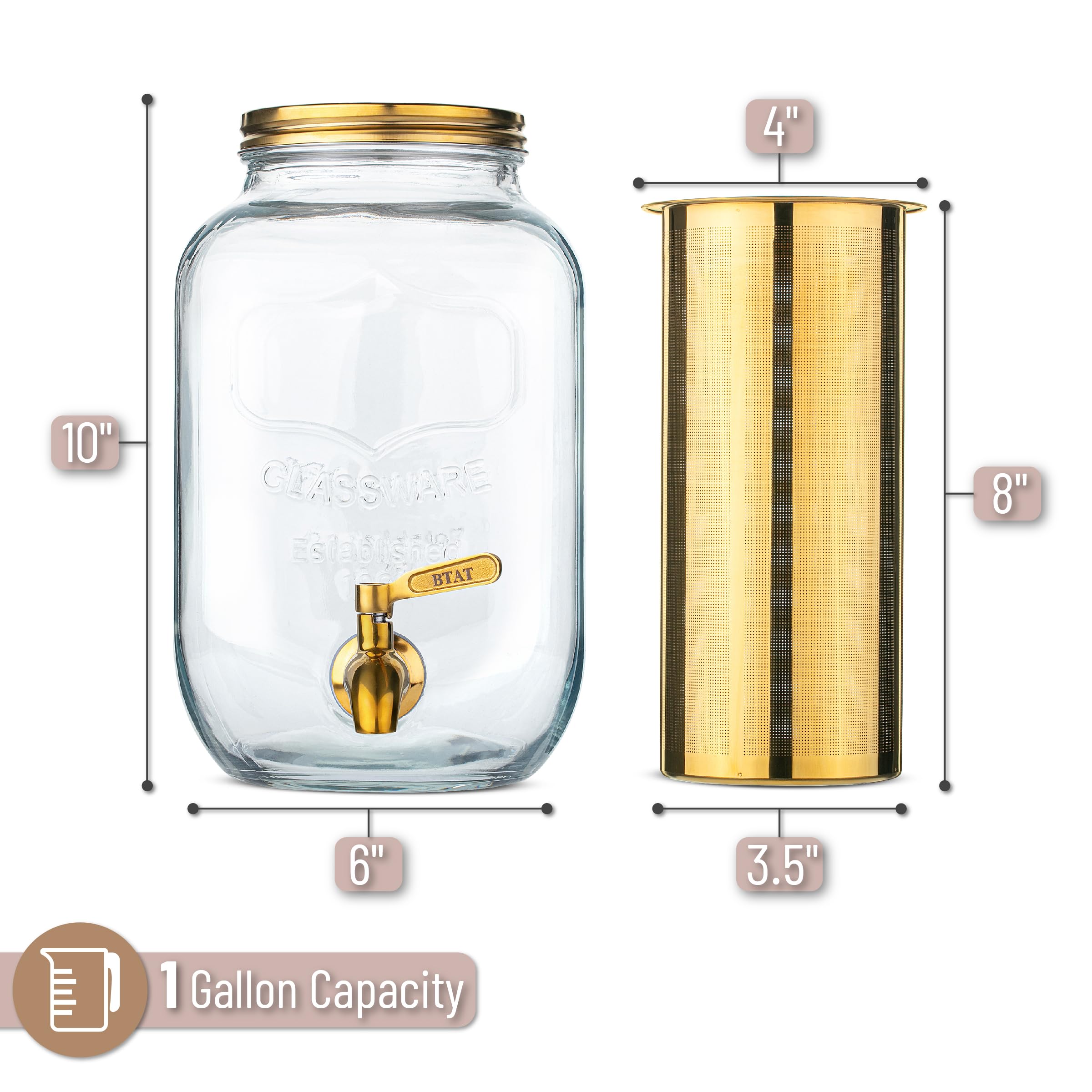 Btat- Cold Brew Coffee Maker, 1 Gallon, Gold, Mason Jar Cold Brew Maker, Cold Brewer Coffee Maker, Cold Brew Mason Jar Coffee Ma