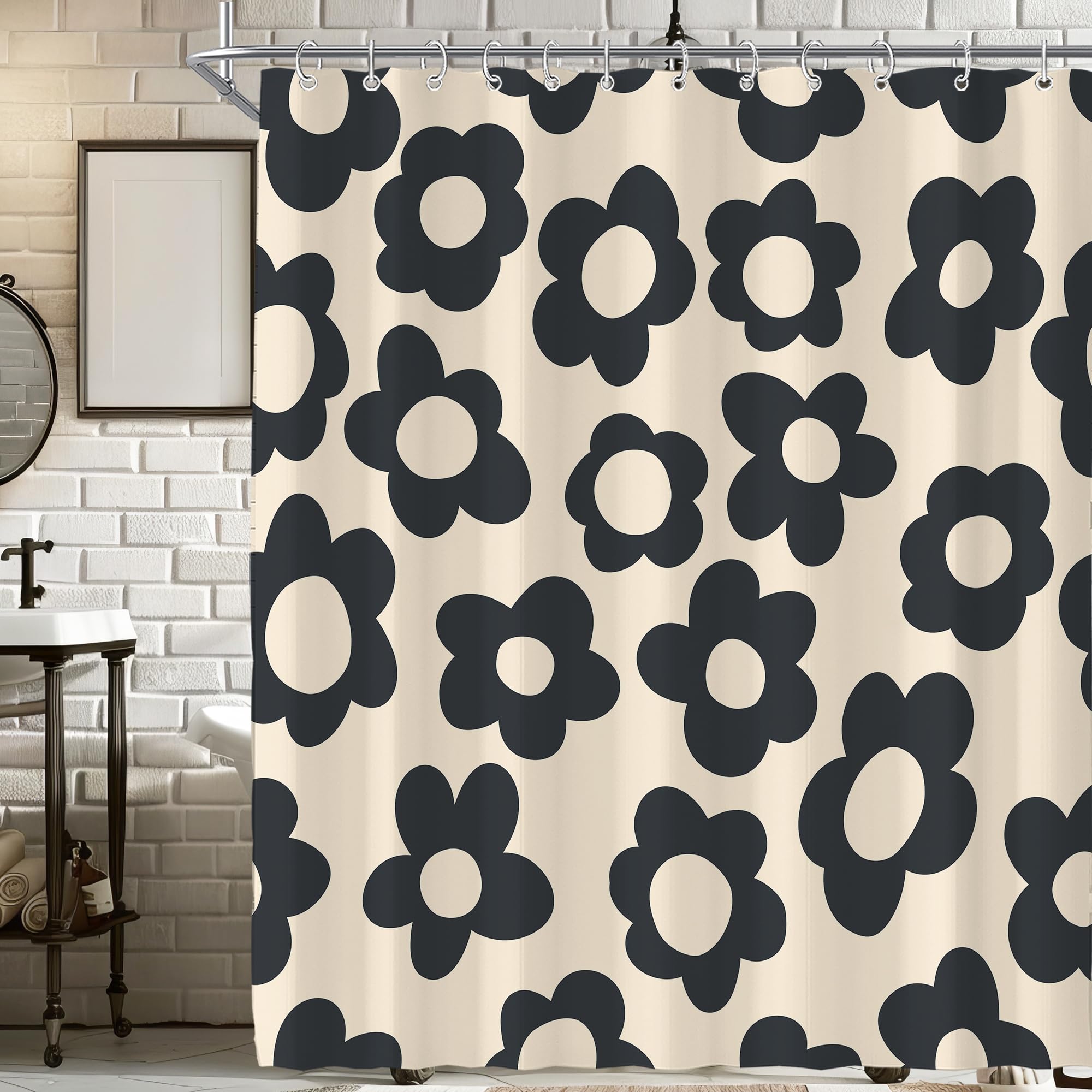 Visioun Black Cute Retro Floral Abstract Flower Shower Curtain For Bathroom 72W*72H Inch 70S Lovely Vintage Aesthetic Funky Bath