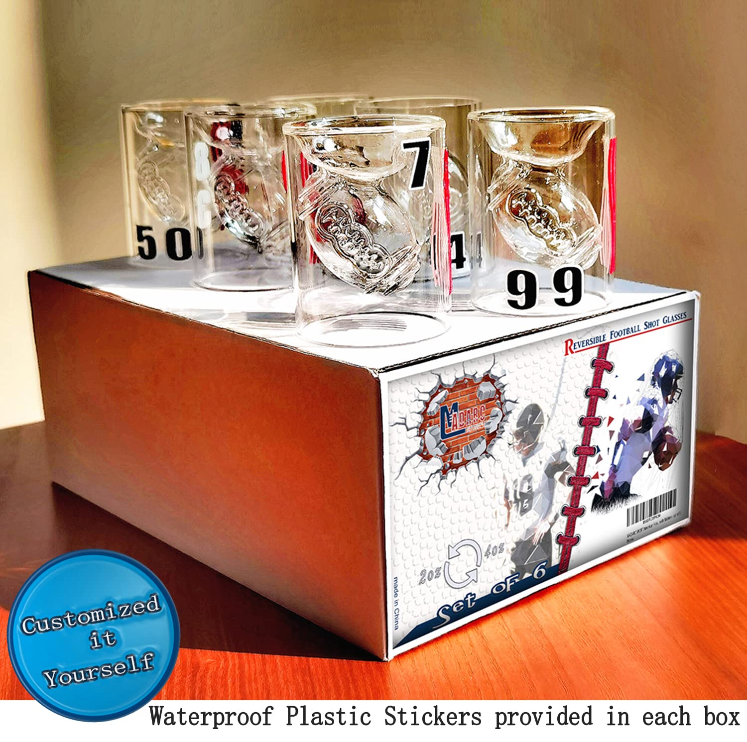 Madarc Sport Set Of 6 - Football Reversible Shot Glasses 2Oz / 4.5Oz (Classic) 2Oz / 4.5Oz, With 3D Relief Football Ball Shape I