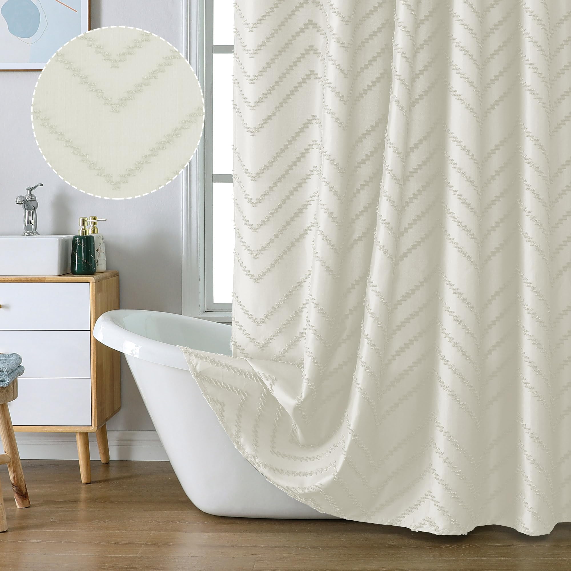 Chyhomenyc Chevron Beige Boho Shower Curtain For Bathroom, Fabric Shower Curtain Chic Tufted Textured Chevron Striped Minimalist