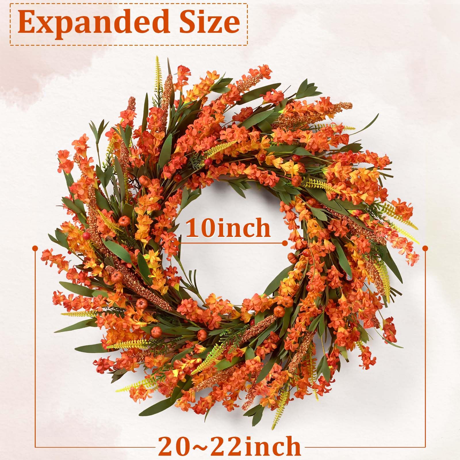 Waipfaru Fall Wreaths for Front Door Outside, 22 Inch Autumn Wreath with Orange Yellow Forsythia Flower Pumpkin, Autumn Decorati
