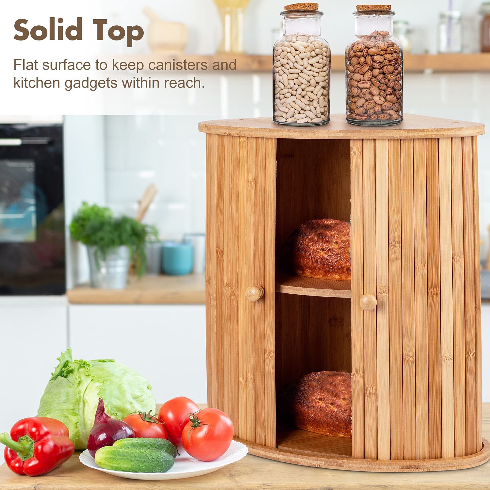 Bamboo Bread Box For Kitchen Countertop Tomkid Farmhouse Corner Bread Box 2 Layer Bread Storage Container, Extra Large Bread Box