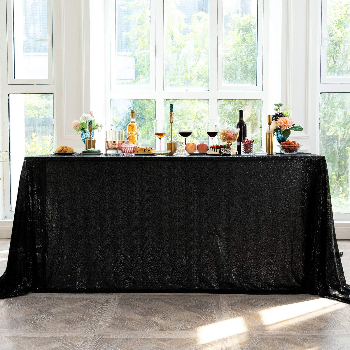 Jyflzq Black Sequin Tablecloth - 90'' X 132'' Rectangular Sparkly Glitter Metallic Table Cloths Table Cover Overly For Halloween