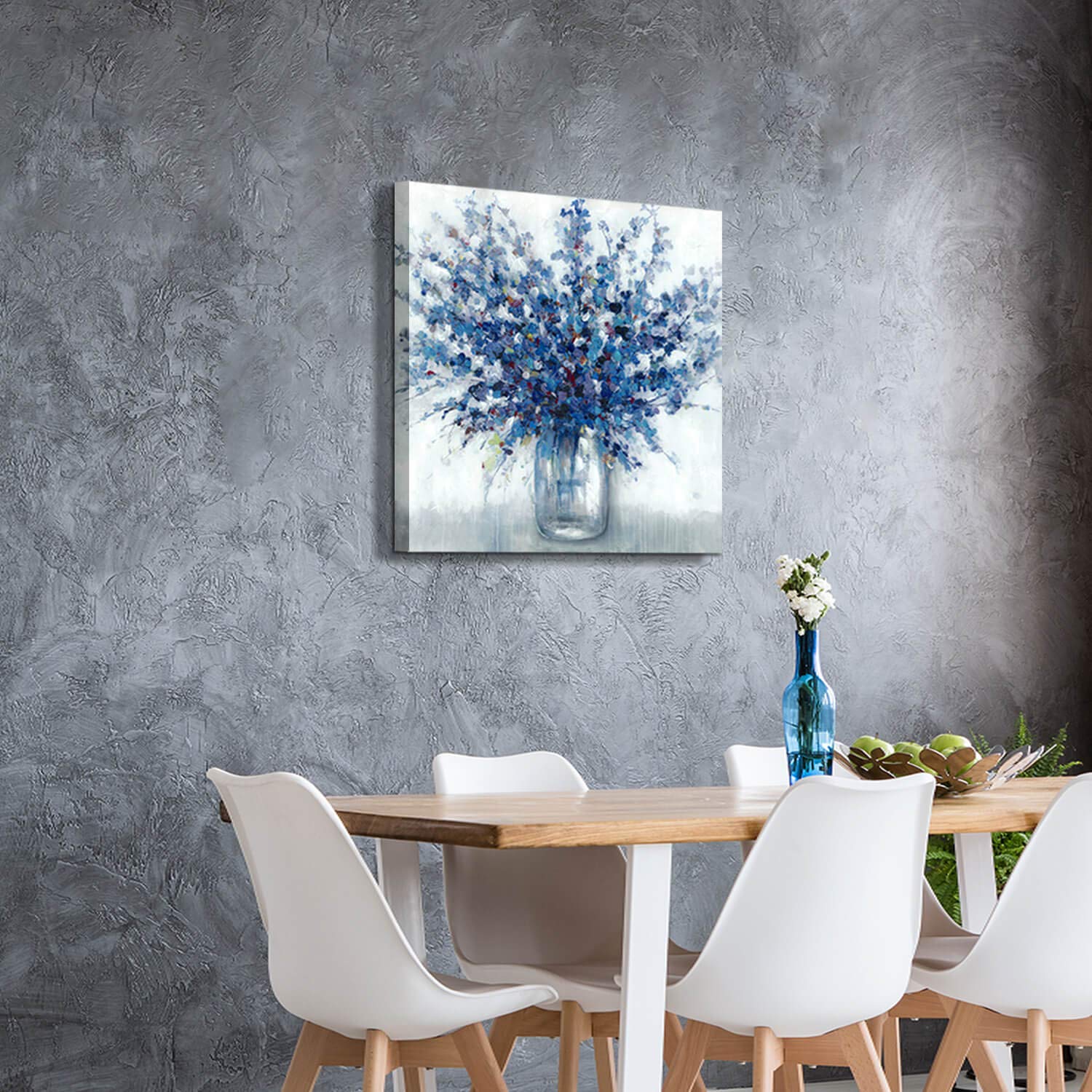 Tar Tar Studio Abstract Bouquet Canvas Wall Art: Blue Flowers In Vase Artwork Print Painting For Living Room Office (24''W X 24'