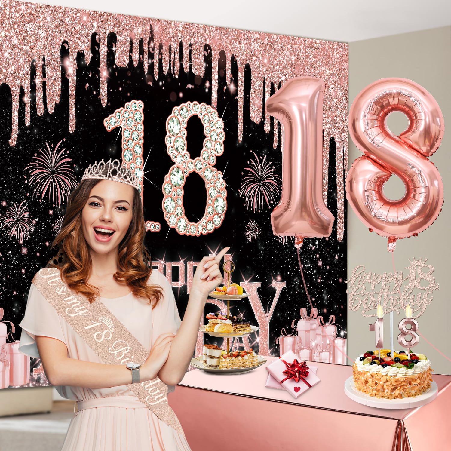 18Th Birthday Decorations For Girls With Banner, Rose Gold Tablecloth, Number Balloons, 18Th Birthday Sash And Tiara, Cake Toppe