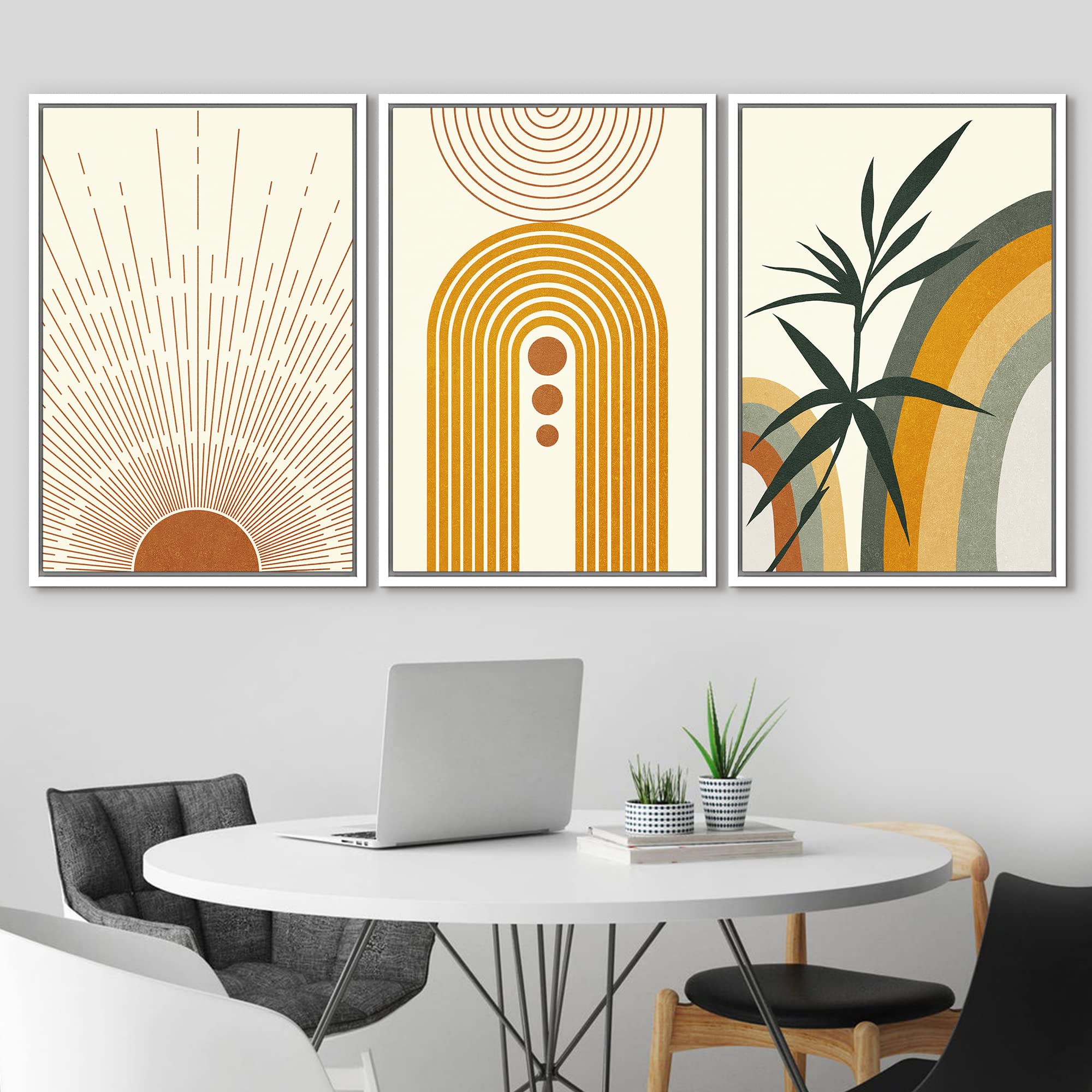 Idea4Wall Framed Canvas Print Wall Art Set Mid-Century Geometric Sun Forest Plant Abstract Nature Illustrations Modern Art Nordi