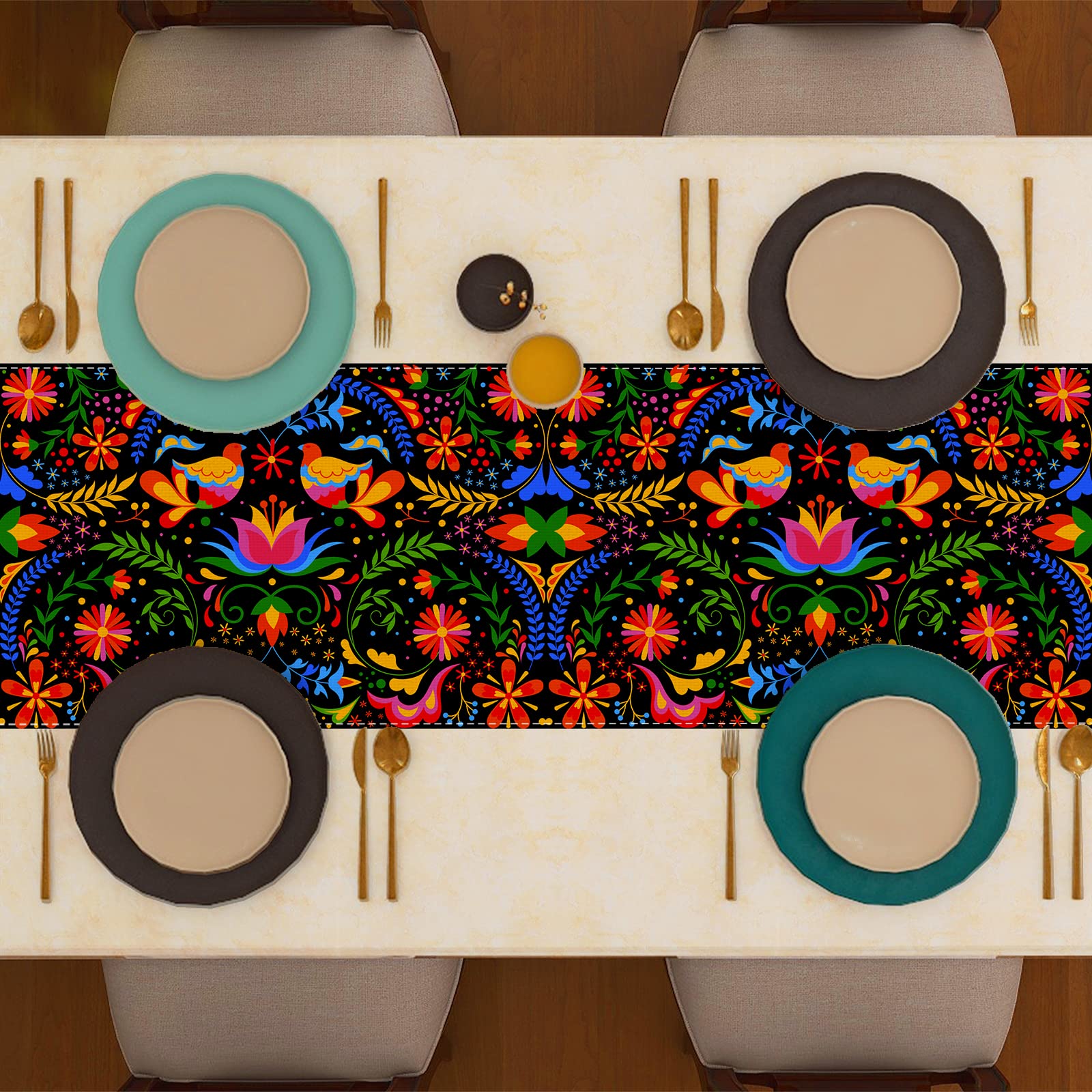 Linen Mexican Fiesta Table Runner Mexican Table Cloth Cinco De Mayo Day Of The Dead Dia De Los Muertos Home Kitchen Table Decora