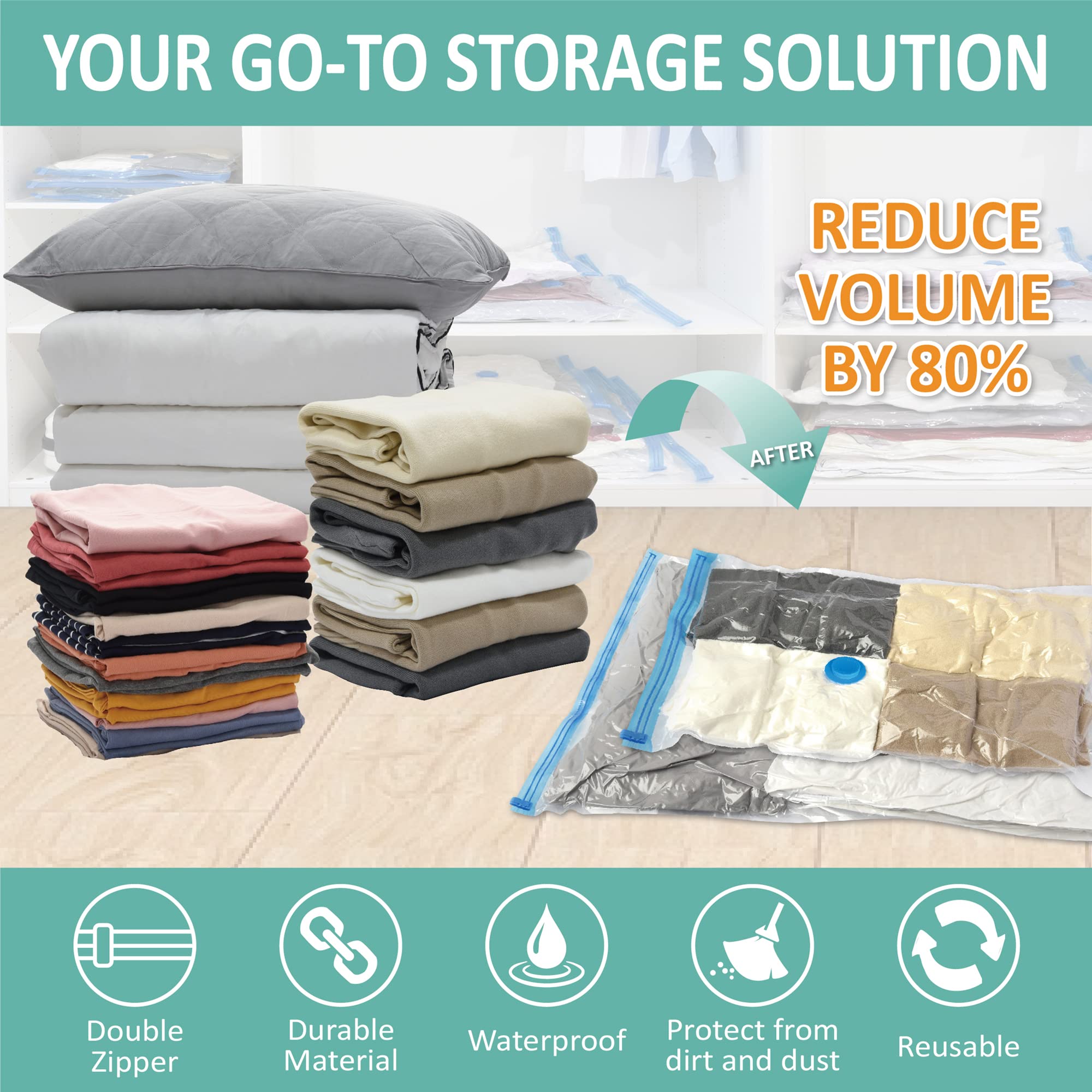 6 Pack Vacuum Storage Bags  Space Saver Bags (2 Jumbo/2 Large/2 Medium) Compression Storage Bags for Comforters and Blankets  Vacuum Sealer Bags for Clothes Storage  Hand Pump Included