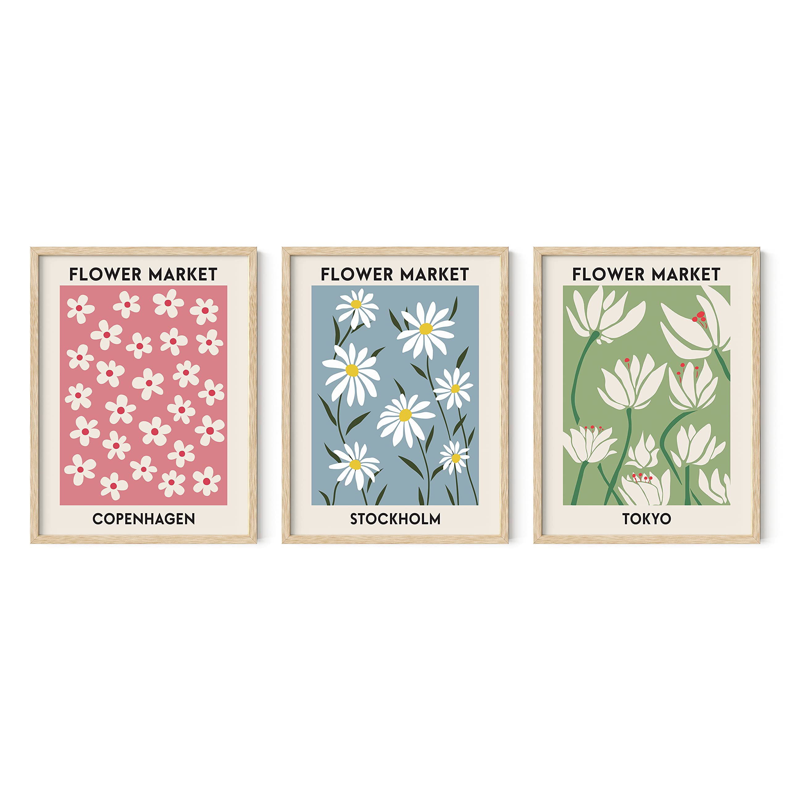 Haus And Hues Flower Market Posters Set Of 3, Danish Pastel Wall Decor, Danish Posters, Flower Painting, Blue, Green And Pink Po