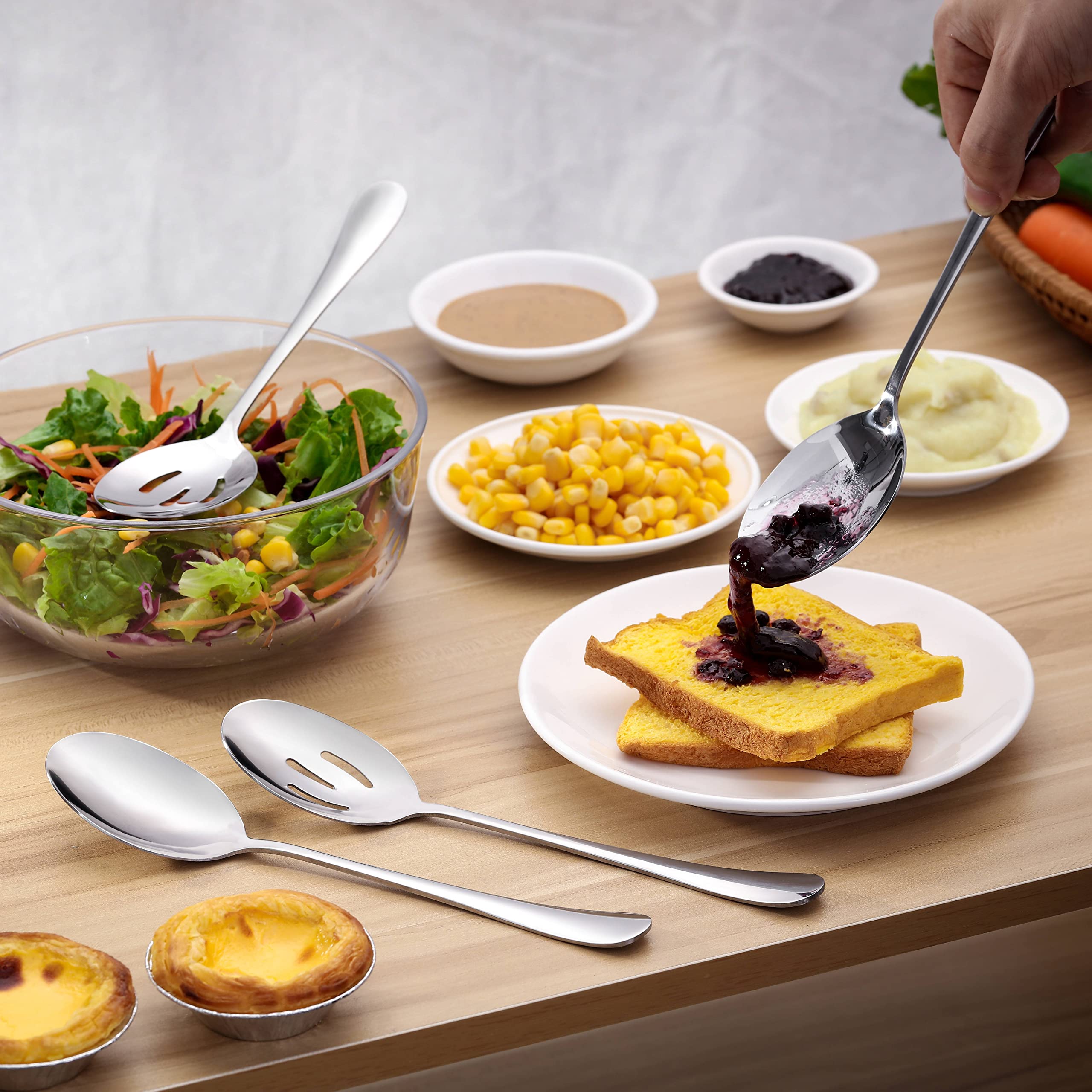 6 Pieces Serving Spoons Set, 8.7 Inch, Includes 3 Serving Spoons And 3 Slotted Spoons, Stainless Steel Buffet Banquet Spoons, La