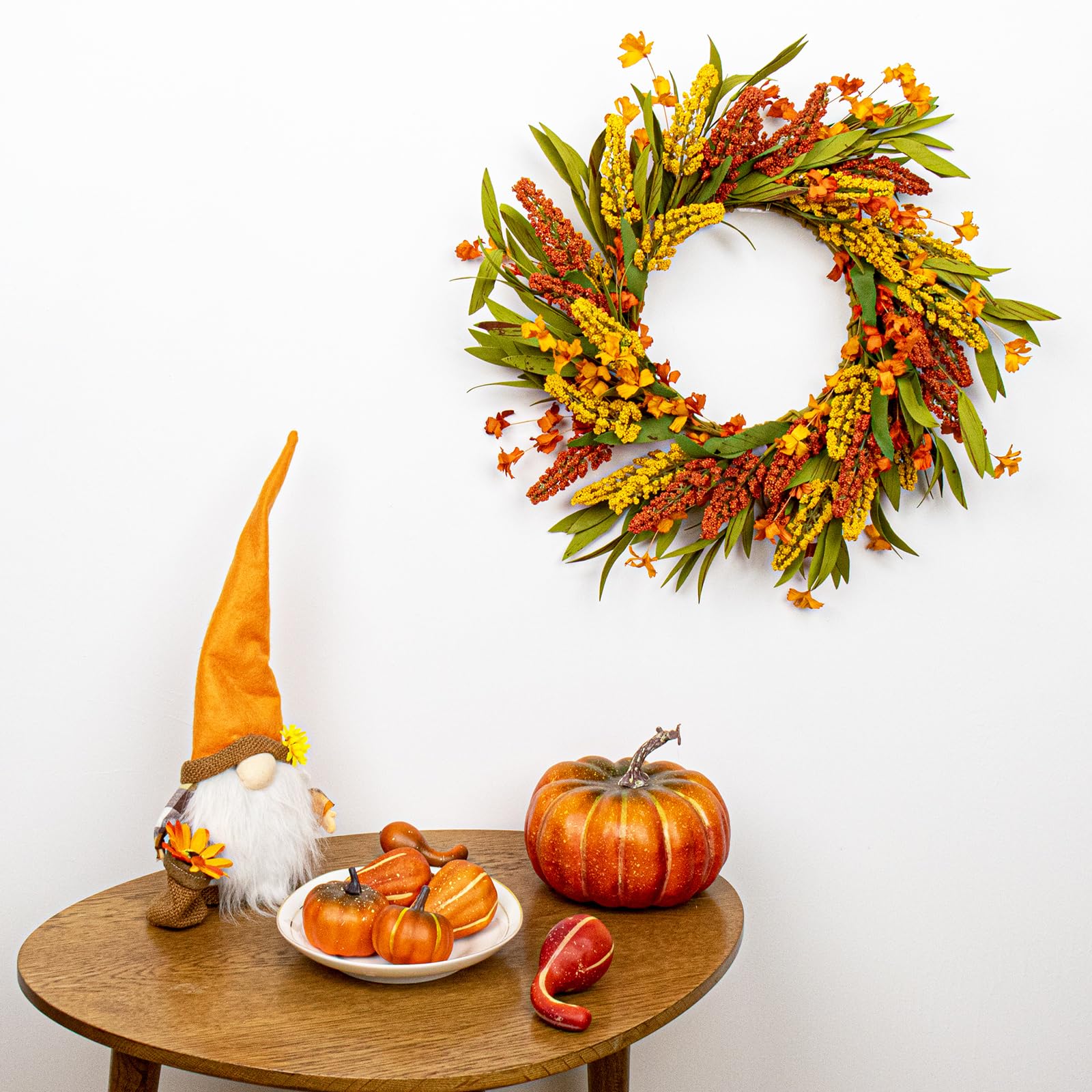 VioletEverGarden Fall Wreath for Front Door 20 Inch Autumn Wreaths Artificial Thanksgiving Wreath with Orange Yellow Sorghum Ear