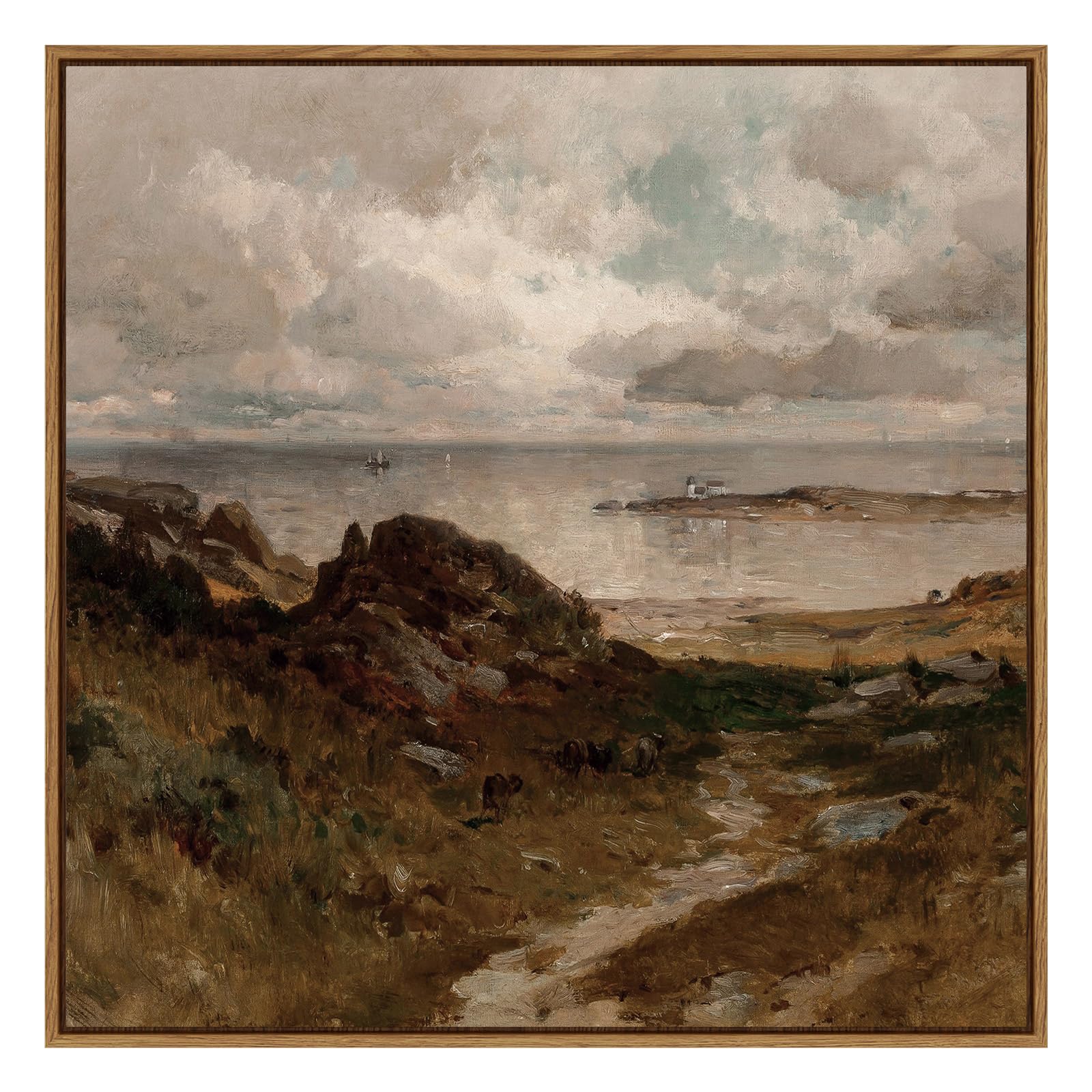 Insimsea Square Framed Canvas Wall Art, Retro Landscape Seaside Path Wilderness Wall Decor, Farmhouse Canvas Paintings For Home