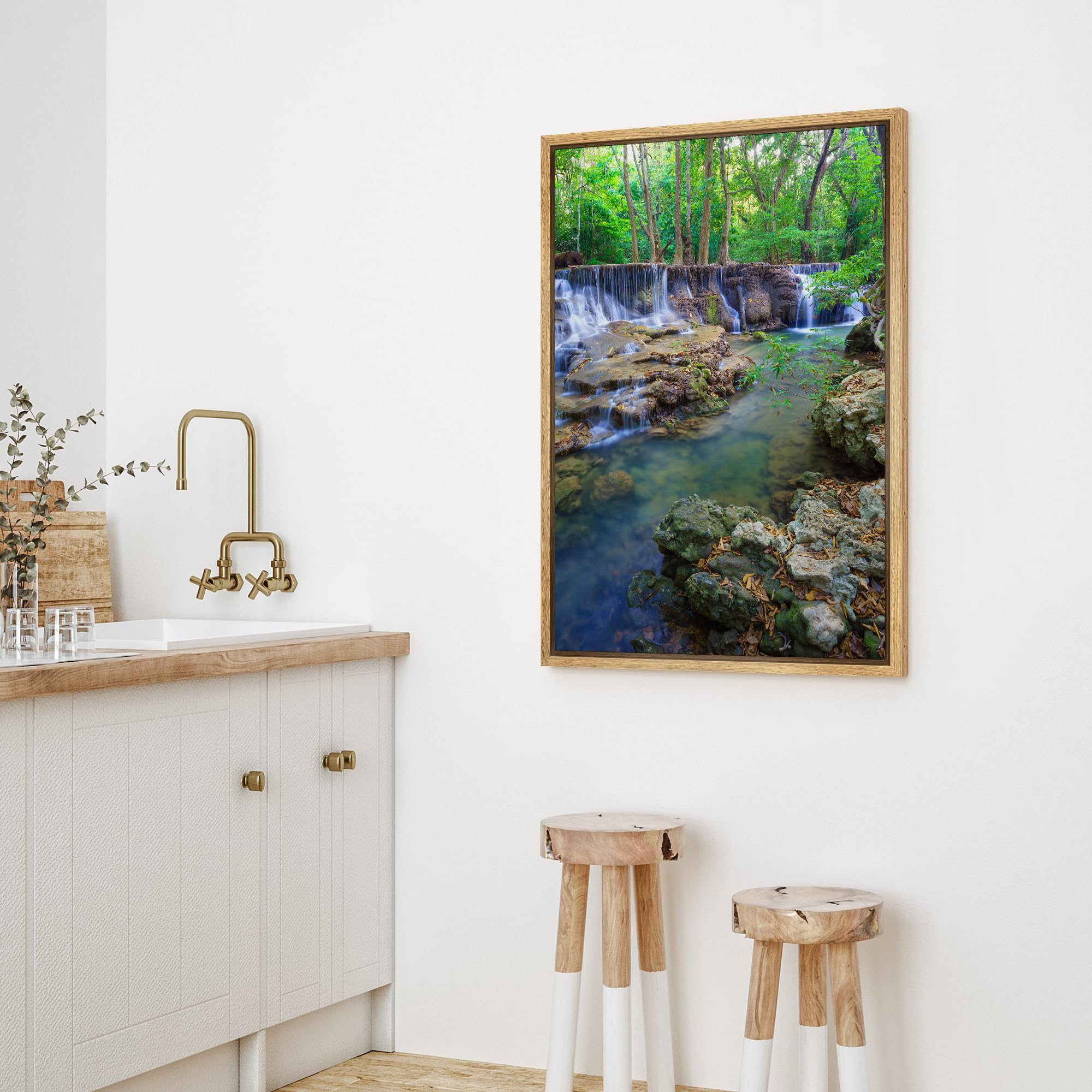 Wall26 Framed Canvas Print Wall Art Forest River & Waterfall In Thailand Floral Plants Photography Realism Rustic Scenic Colorfu