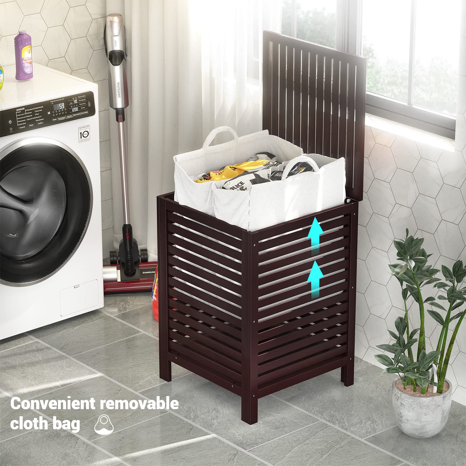 Homykic Bamboo Laundry Hamper  with Lid and Removable Liner Bag  2-Section 120L  Large Raised Basket Sorter?for Clothes  Bathroom  Bedroom  Easy to Assemble  Espresso