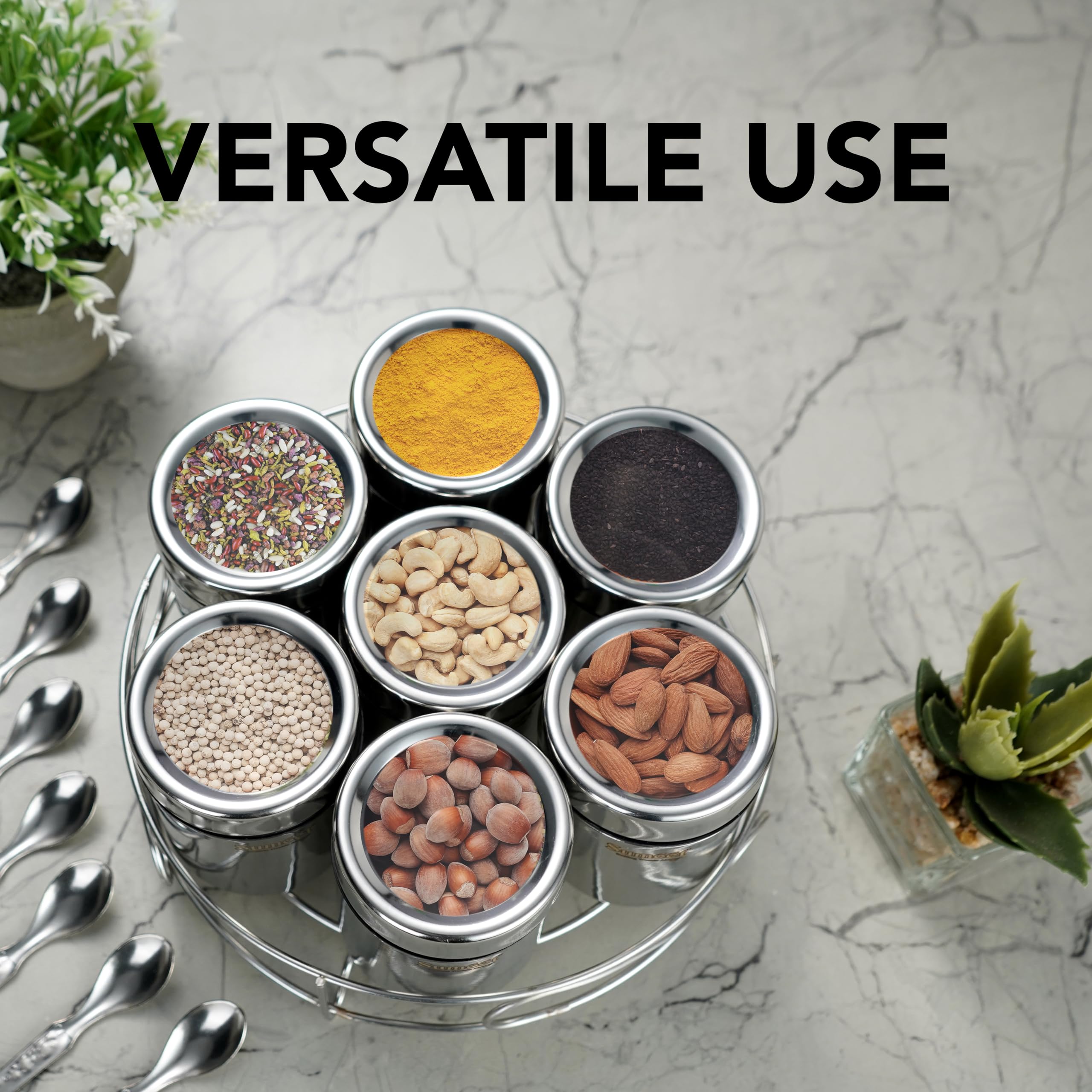 Sumeet 7In1 Stainless Steel + See Through Lid Masala Stand/Dry Fruit Stand With Stand And 7 Spoons
