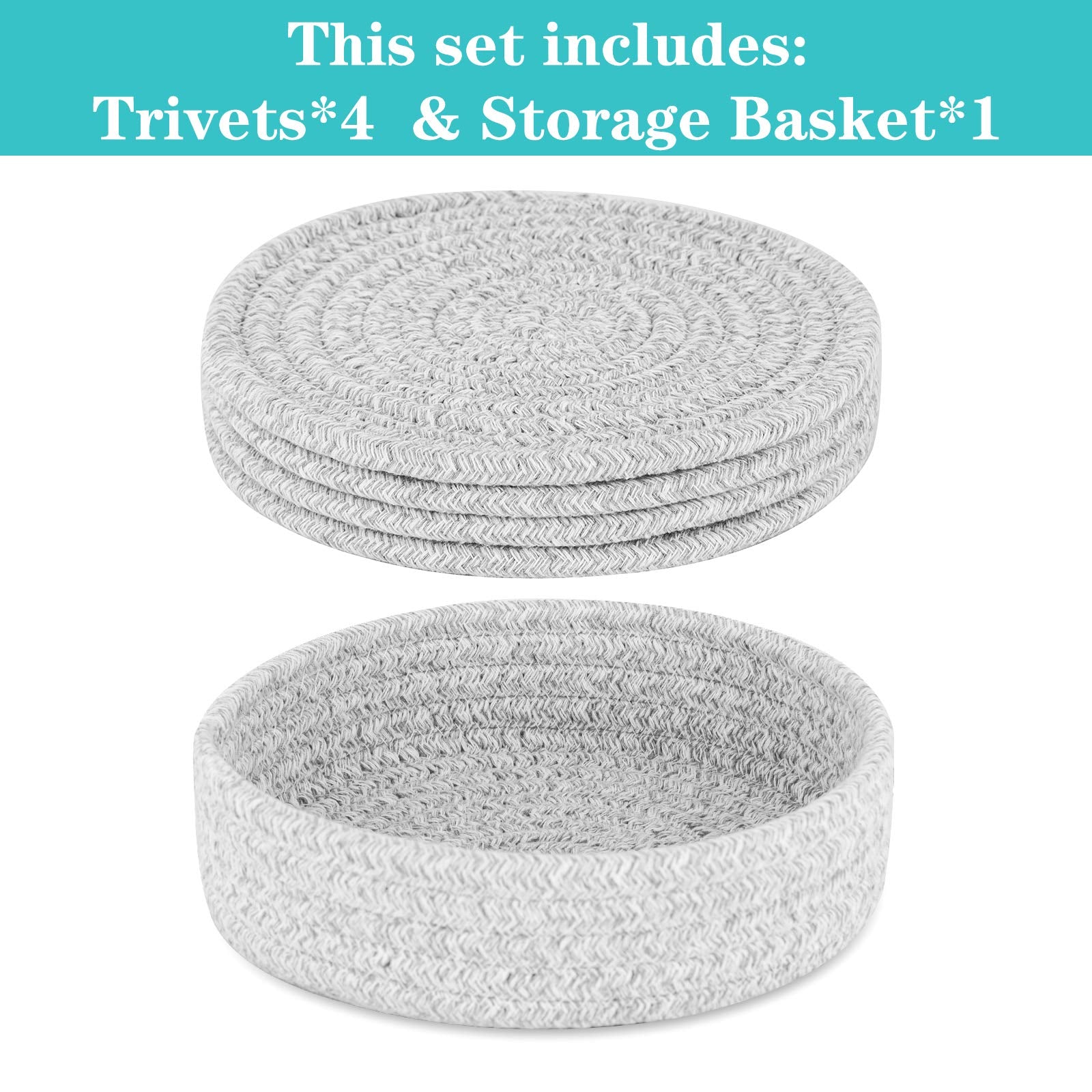 Trivets for Hot Dishes  Trivets for Hot Pots and Pans  Hot Pads for Countertops  Coasters 4 Pcs and Storage Basket 1 Pack  Pot Holders for Kitchen  Cotton Hot Mats Cooking Pad Protect Table (Grey)