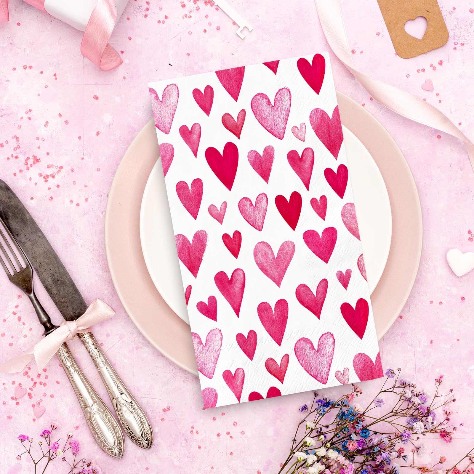 Anydesign 50Pcs Valentine'S Day Guest Napkins Disposable Pink Watercolor Heart Paper Napkins Sweet Love Dinner Hand Napkins For