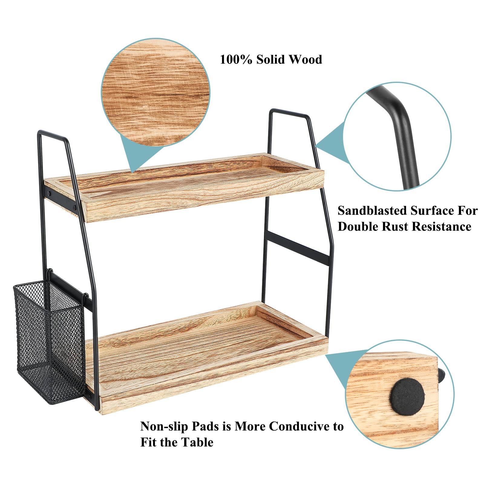 Bathroom Counter Organizer, 2-Tier Standing Storage Shelf With Basket, Wood Tray For Skincare Vanity Organizer