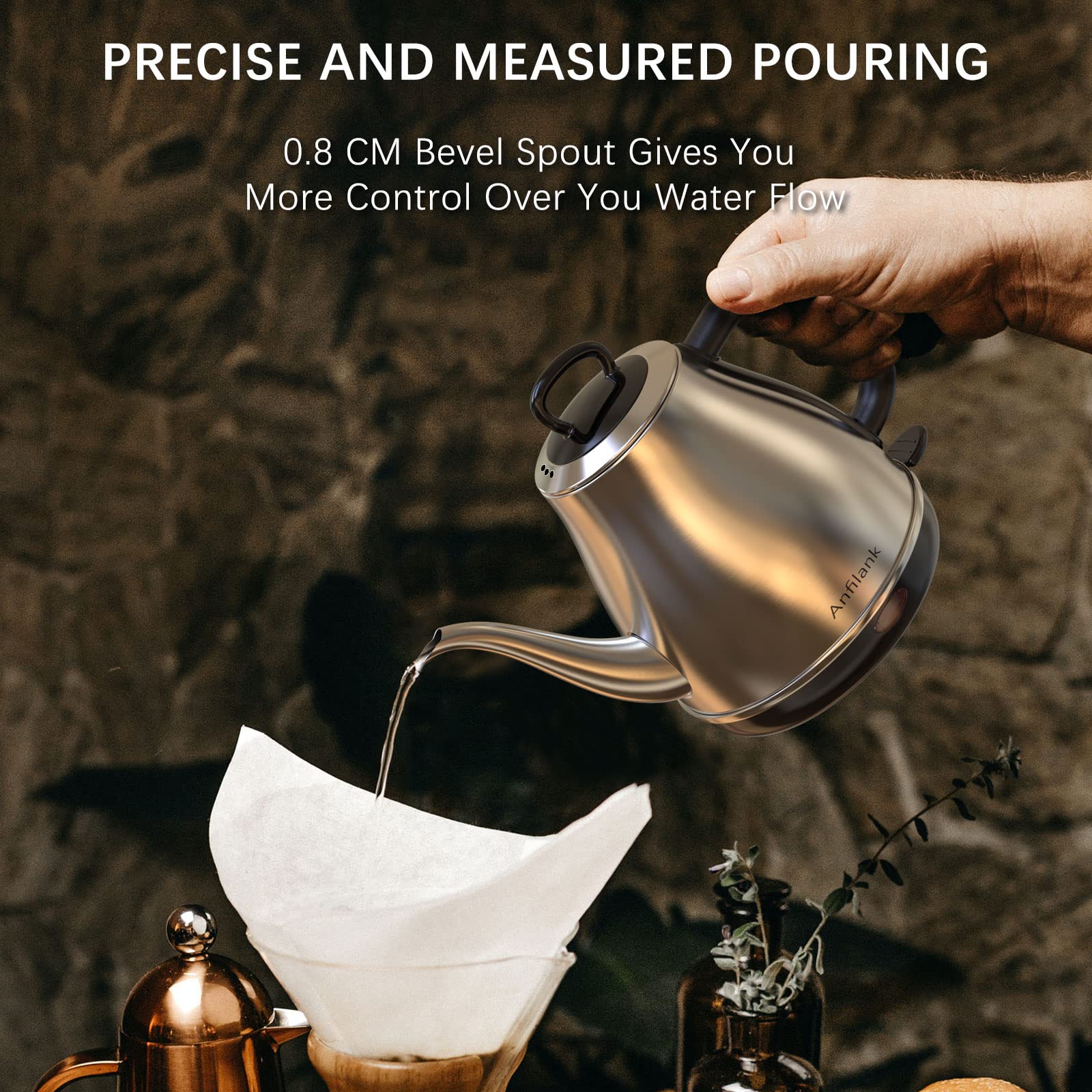 Anfilank Electric Gooseneck Kettle, 1L 1500W Fast Boil, 100% Stainless Steel Bpa Free Pour-Over Coffee & Tea Kettle, Water Boile